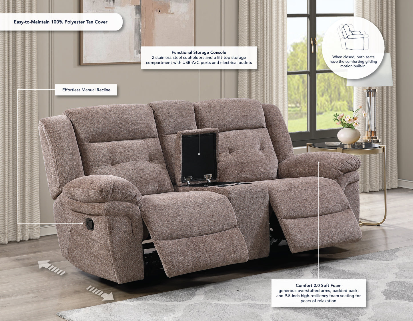 Sydney Console Loveseat, Manual Reclining, Glider, Brown