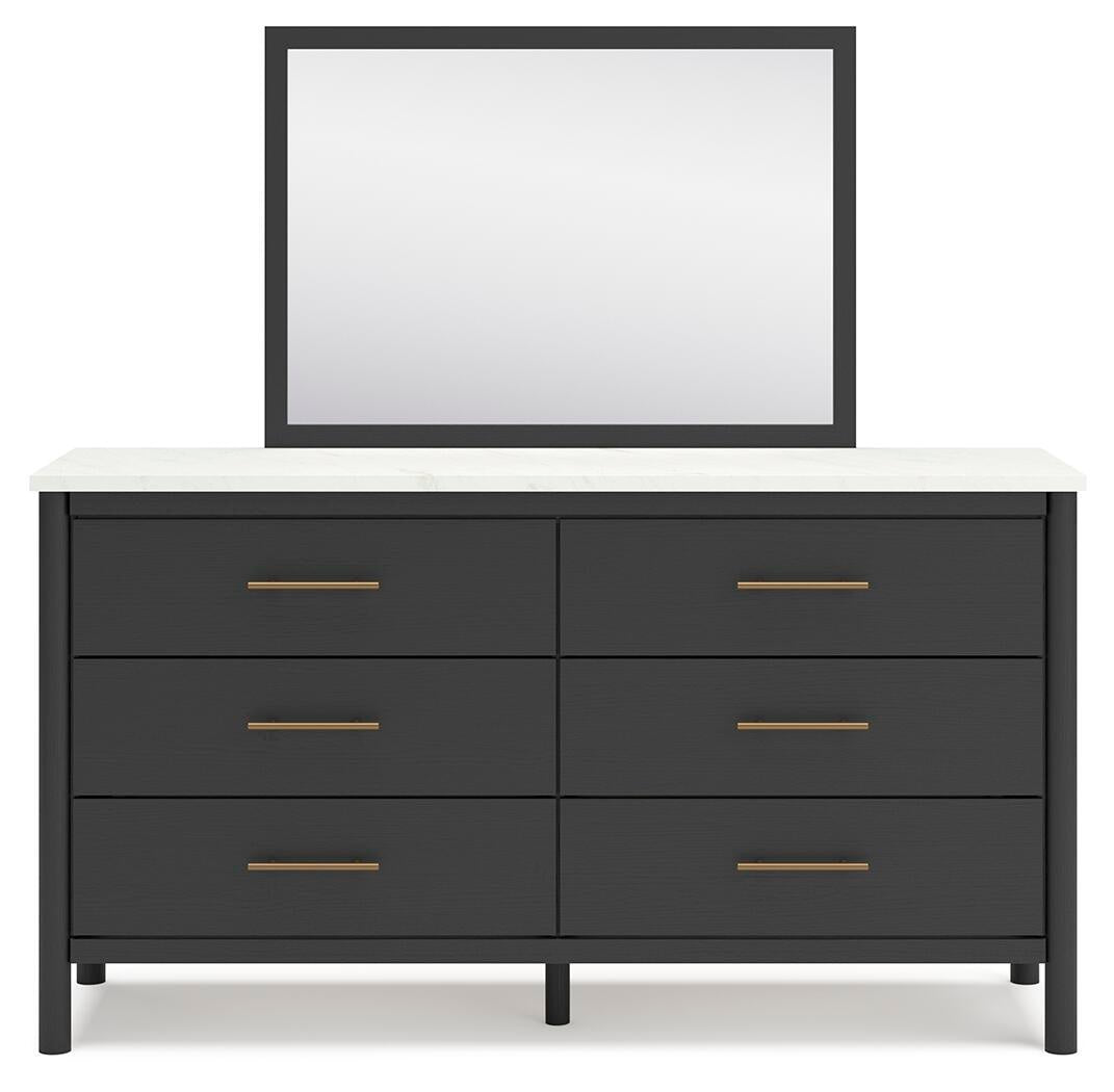 Cadmori King Upholstered Panel Bed, Dresser and Mirror