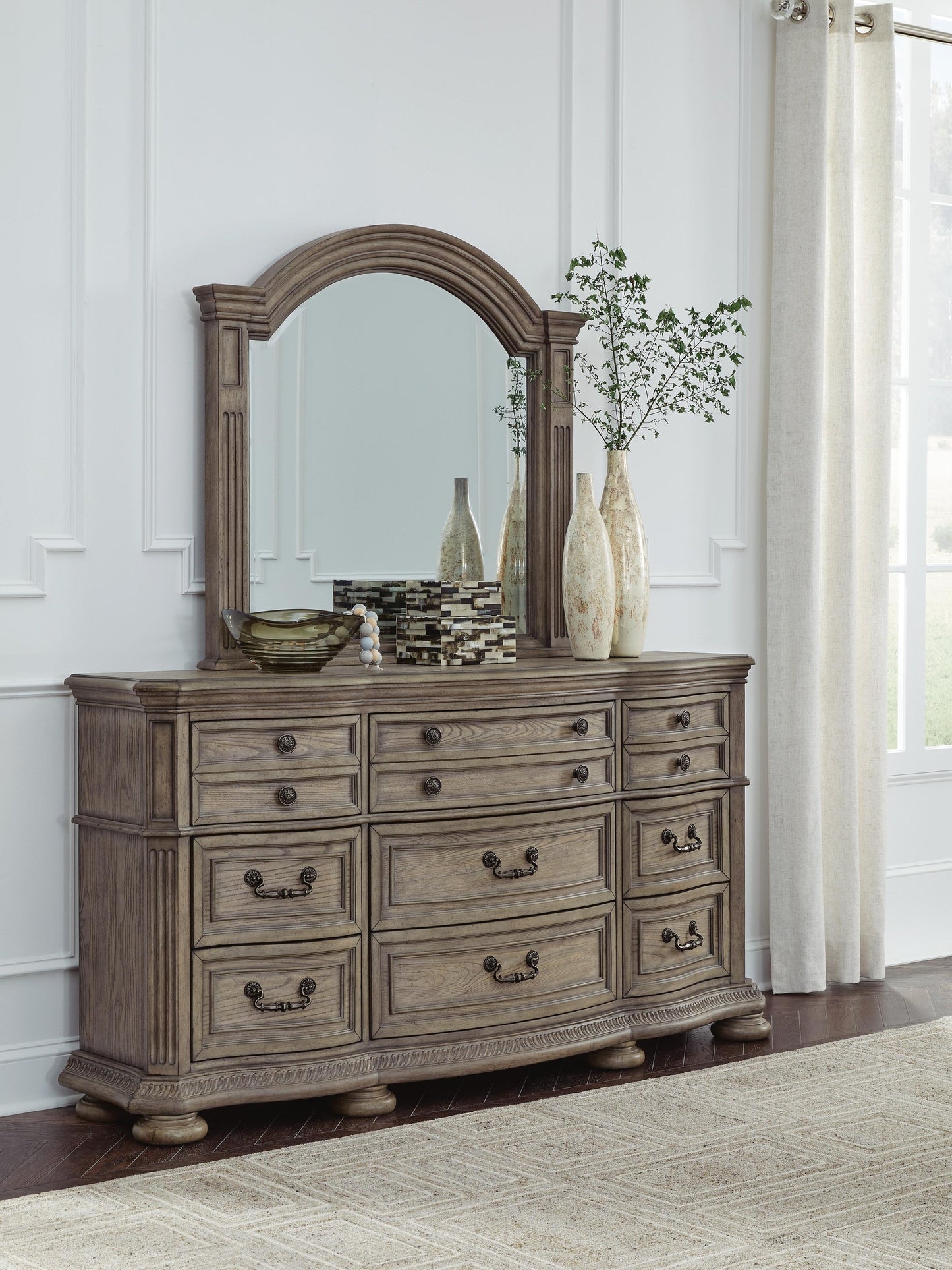 Ardenfield California King Upholstered Sleigh Bed, Dresser, Mirror and Nightstand