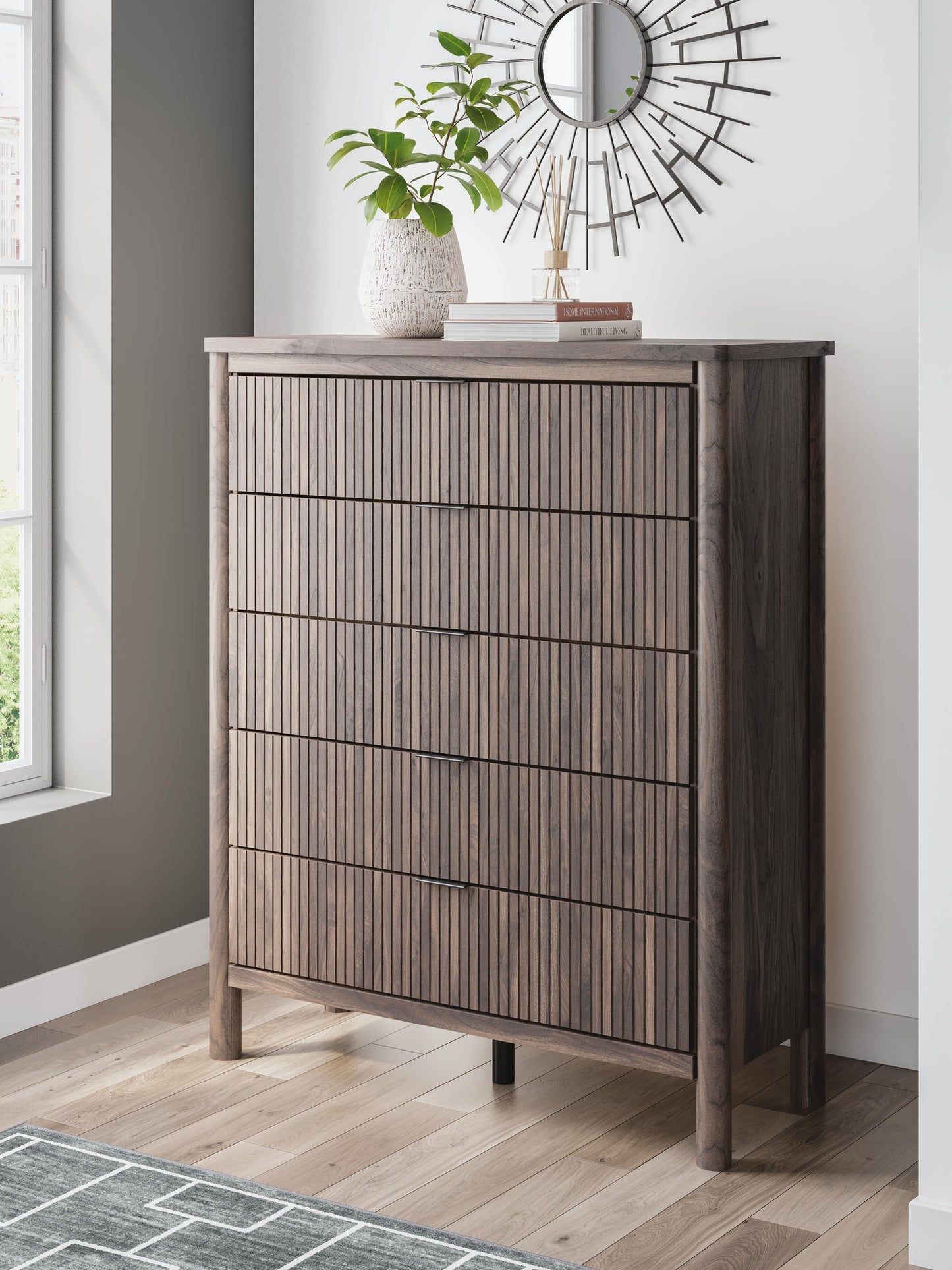 Pamytta King Upholstered Panel Bed, Dresser, Mirror, Chest and Nightstand