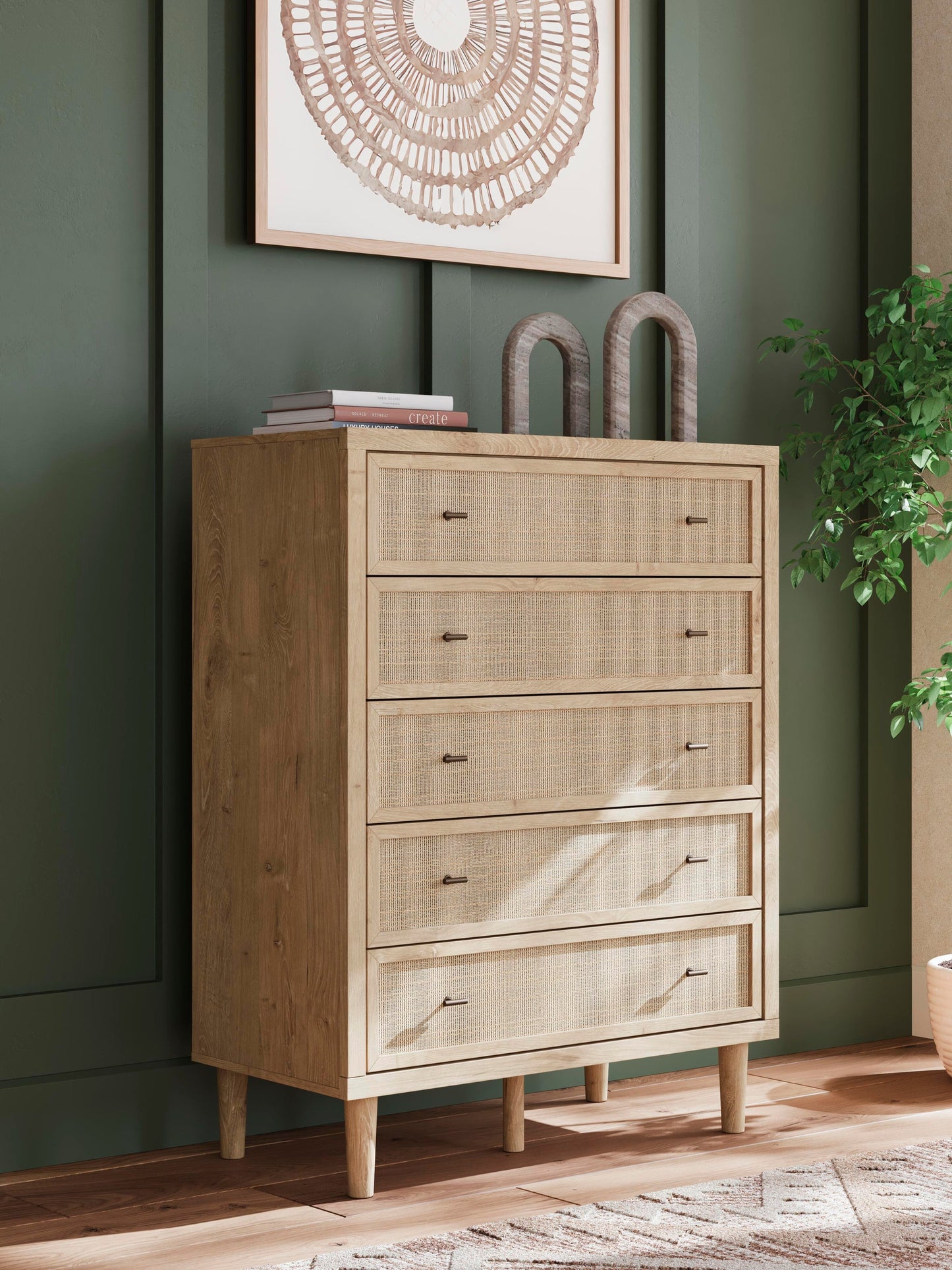 Cielden California King Upholstered Bed with Roll Slats, Dresser, Mirror, Chest and Nightstand