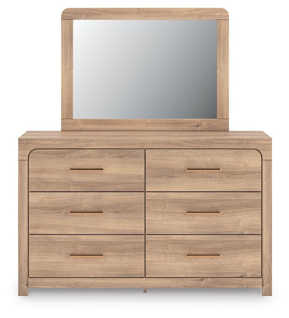 Kinlanni Queen Upholstered Panel Bed, Dresser, Mirror and Nightstand