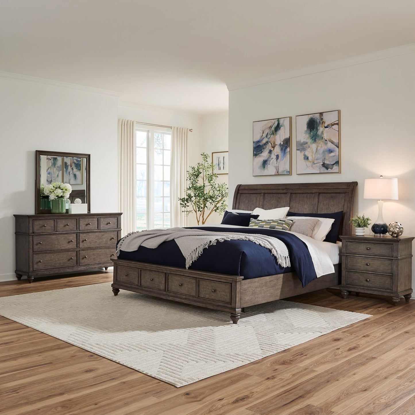 King Storage Bed, Dresser & Mirror, Night Stand