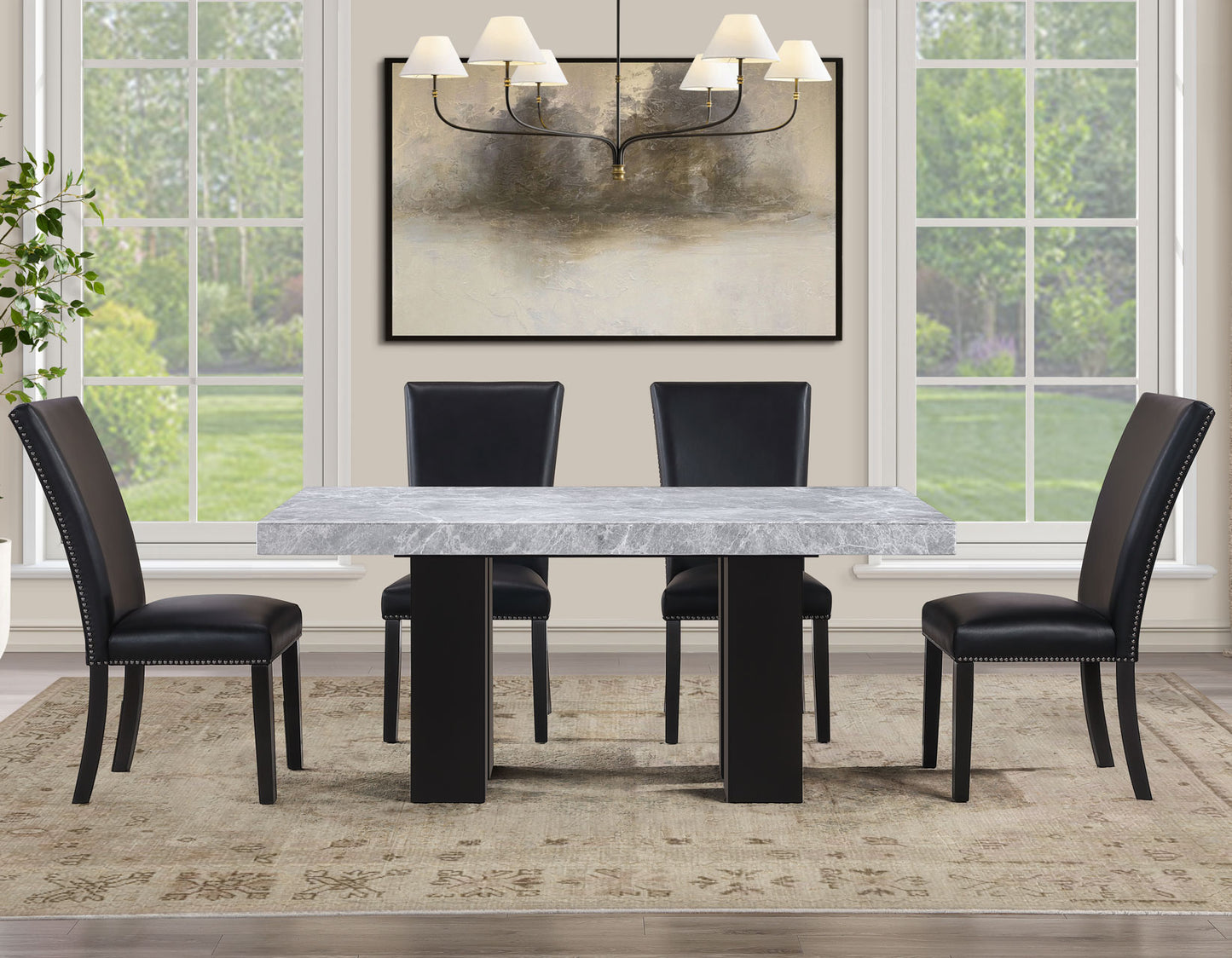 Artemis 5-Piece 70″ Rect Gray Marble Table, Black Finish w/4 Black Vegan Leather Chairs