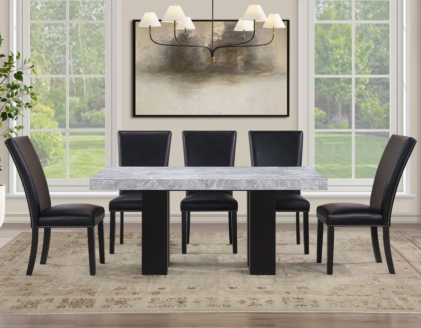 Artemis 5-Piece 70″ Rect Gray Marble Table, Black Finish w/4 Black Vegan Leather Chairs