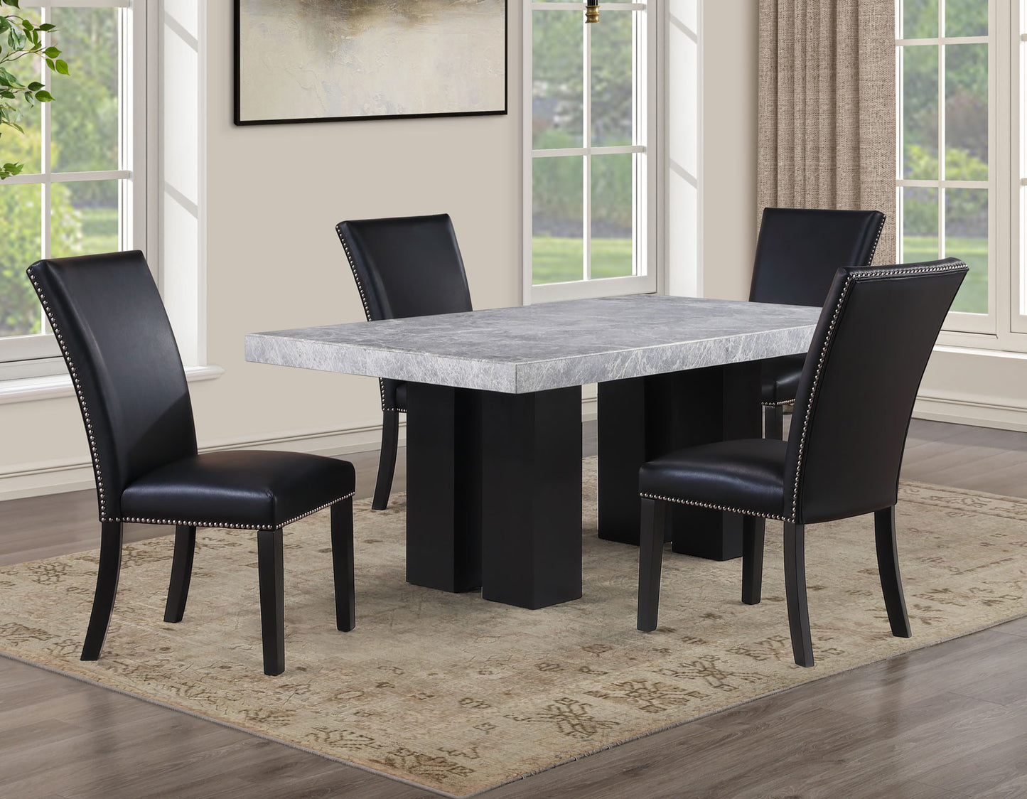 Artemis 5-Piece 70″ Rect Gray Marble Table, Black Finish w/4 Black Vegan Leather Chairs