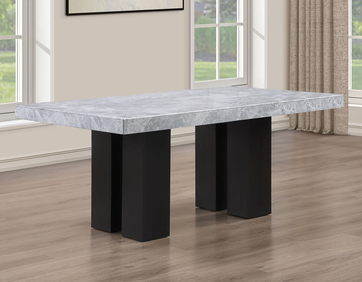Artemis 5-Piece 70″ Rect Gray Marble Table, Black Finish w/4 Black Vegan Leather Chairs