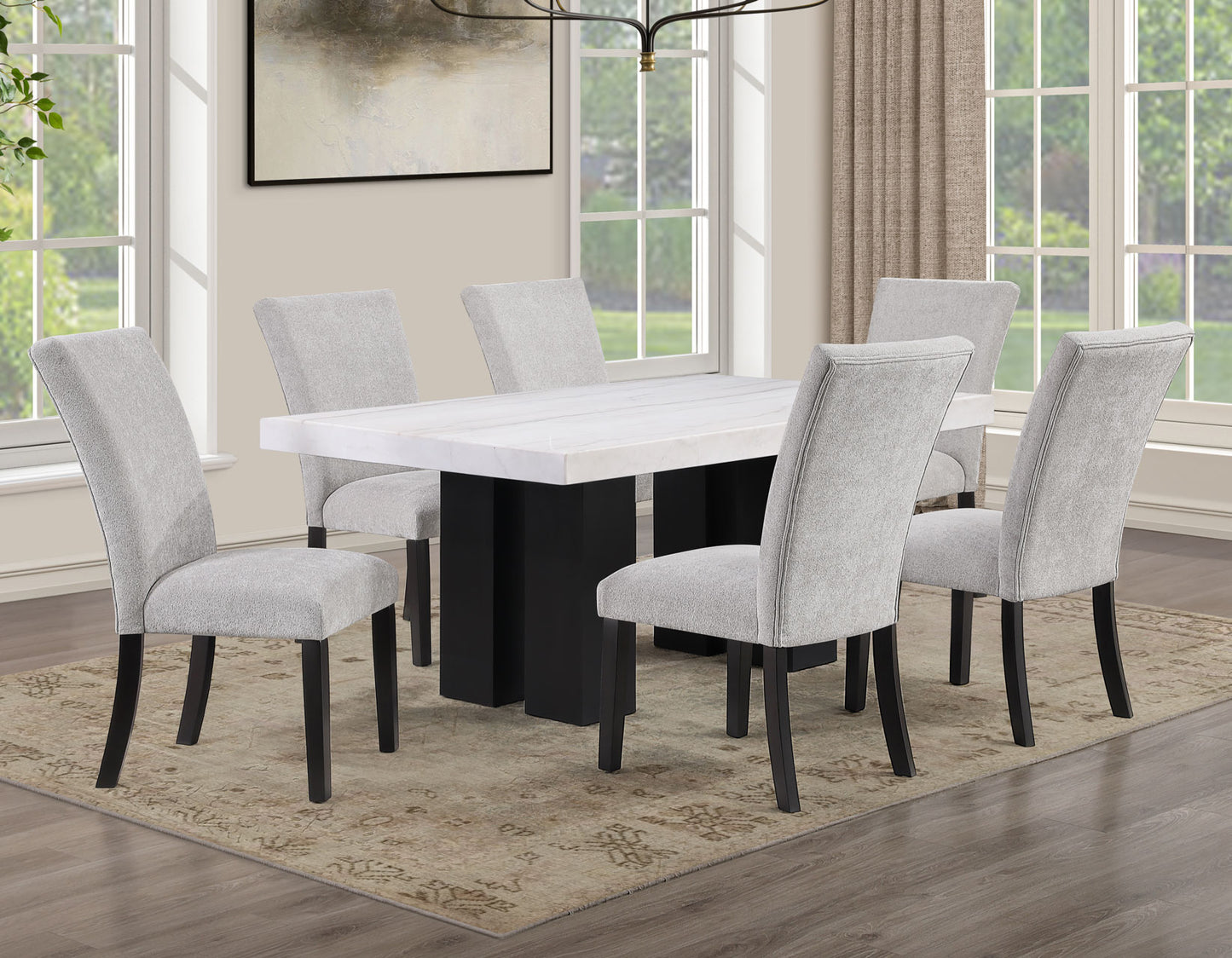 Artemis 5 Piece 70″ Rect White Marble Table, Black Finish w/4 Gray Chenille Chairs