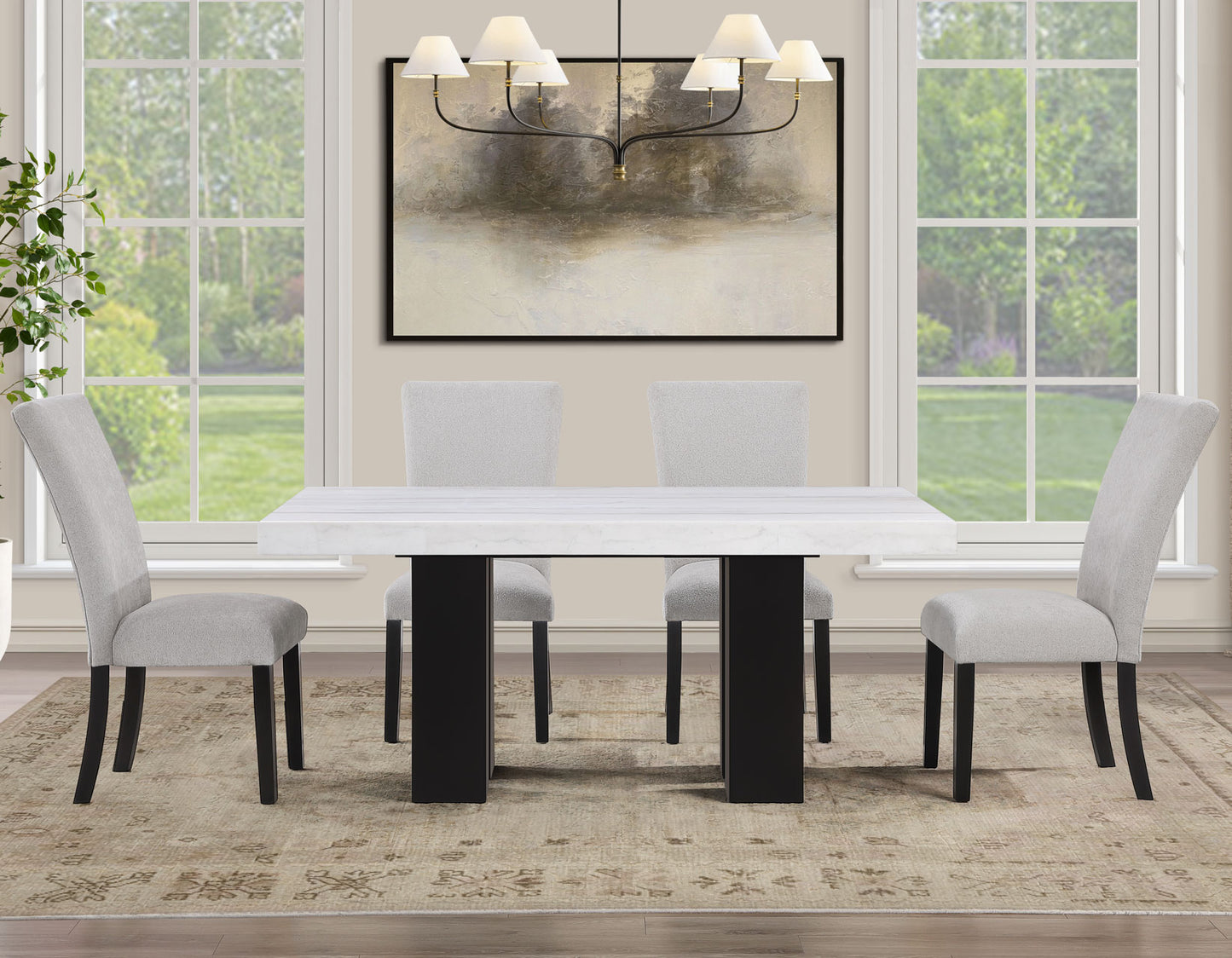 Artemis 5 Piece 70″ Rect White Marble Table, Black Finish w/4 Gray Chenille Chairs