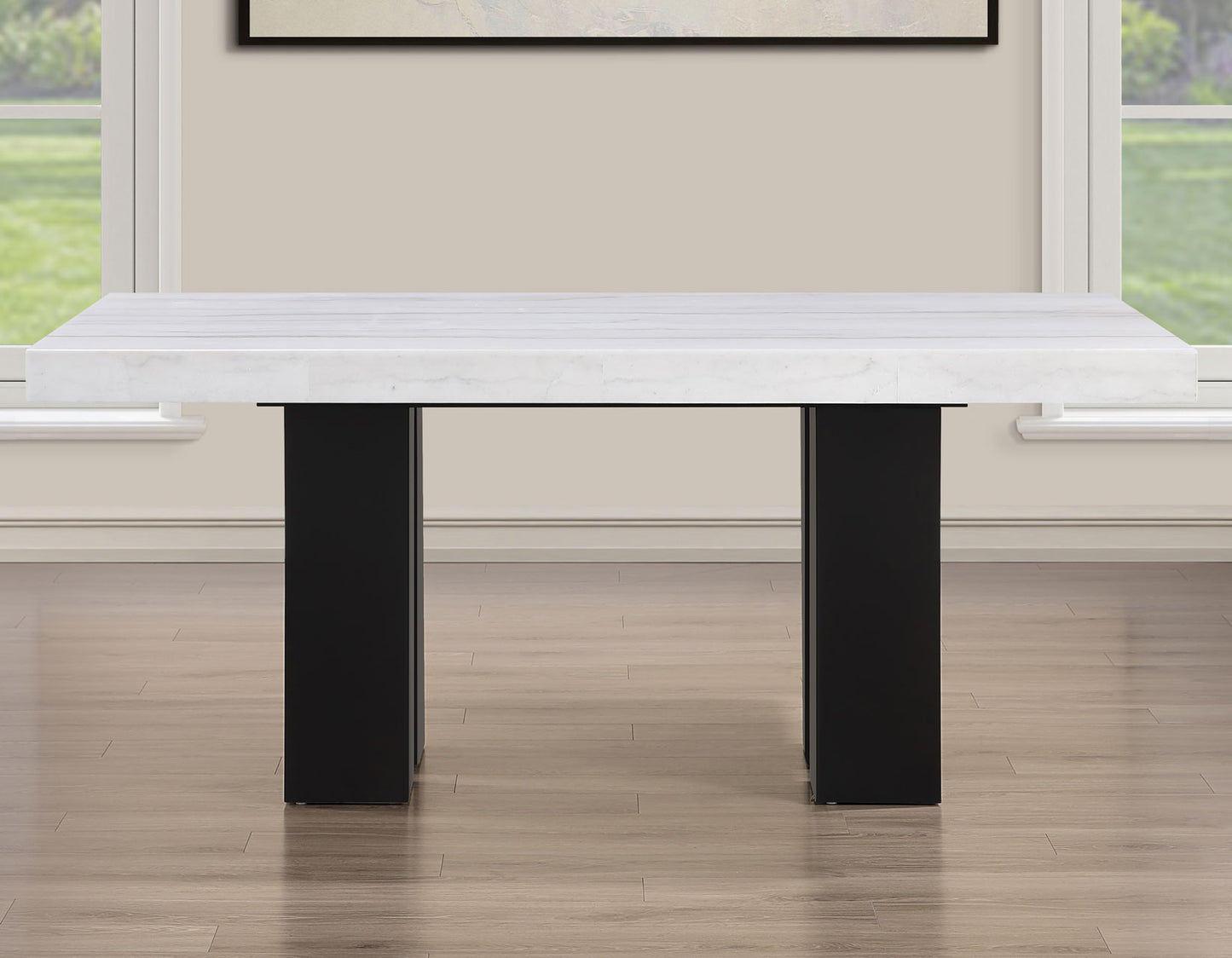Artemis 5 Piece 70″ Rect White Marble Table, Black Finish w/4 Gray Chenille Chairs