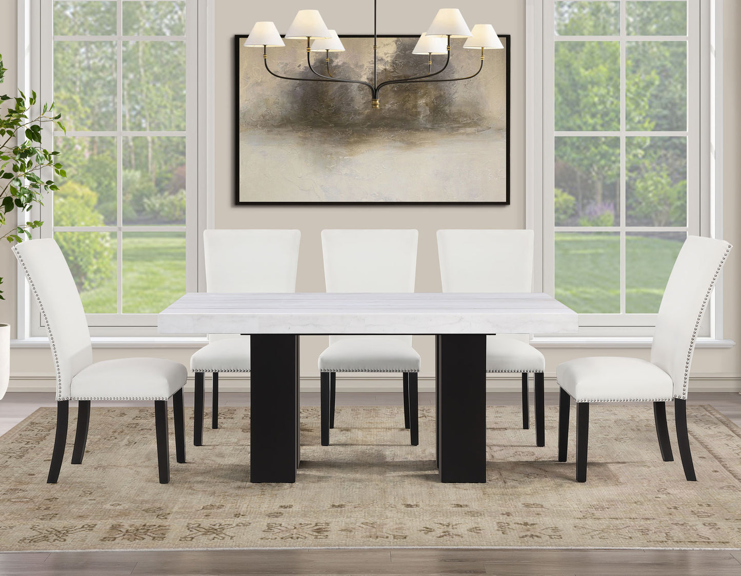 Artemis 5-Piece 70″ Rect White Marble Table, Black Finish w/4 White Vegan Leather Chairs