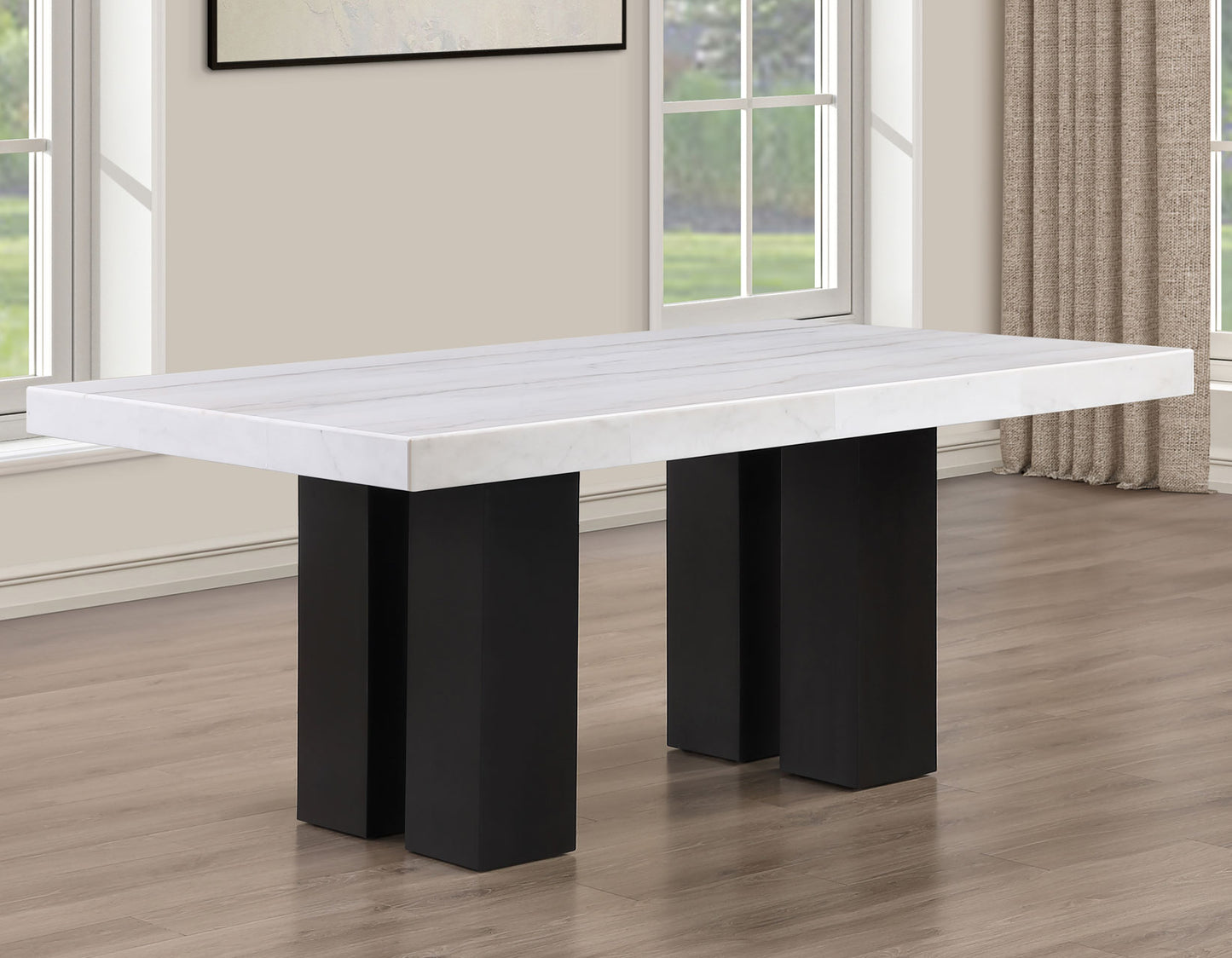 Artemis 5-Piece 70″ Rect White Marble Table, Black Finish w/4 White Vegan Leather Chairs