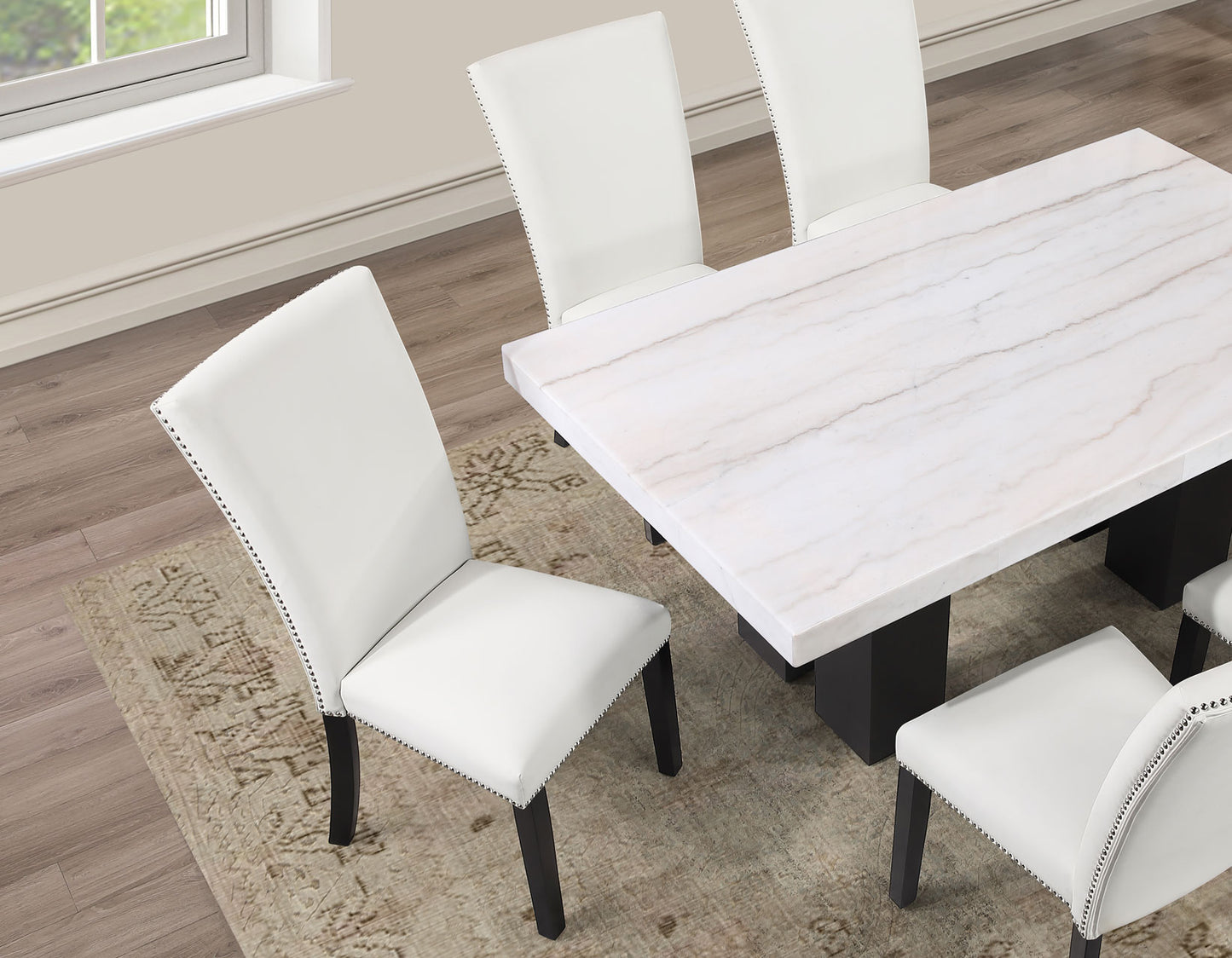 Artemis 5-Piece 70″ Rect White Marble Table, Black Finish w/4 White Vegan Leather Chairs