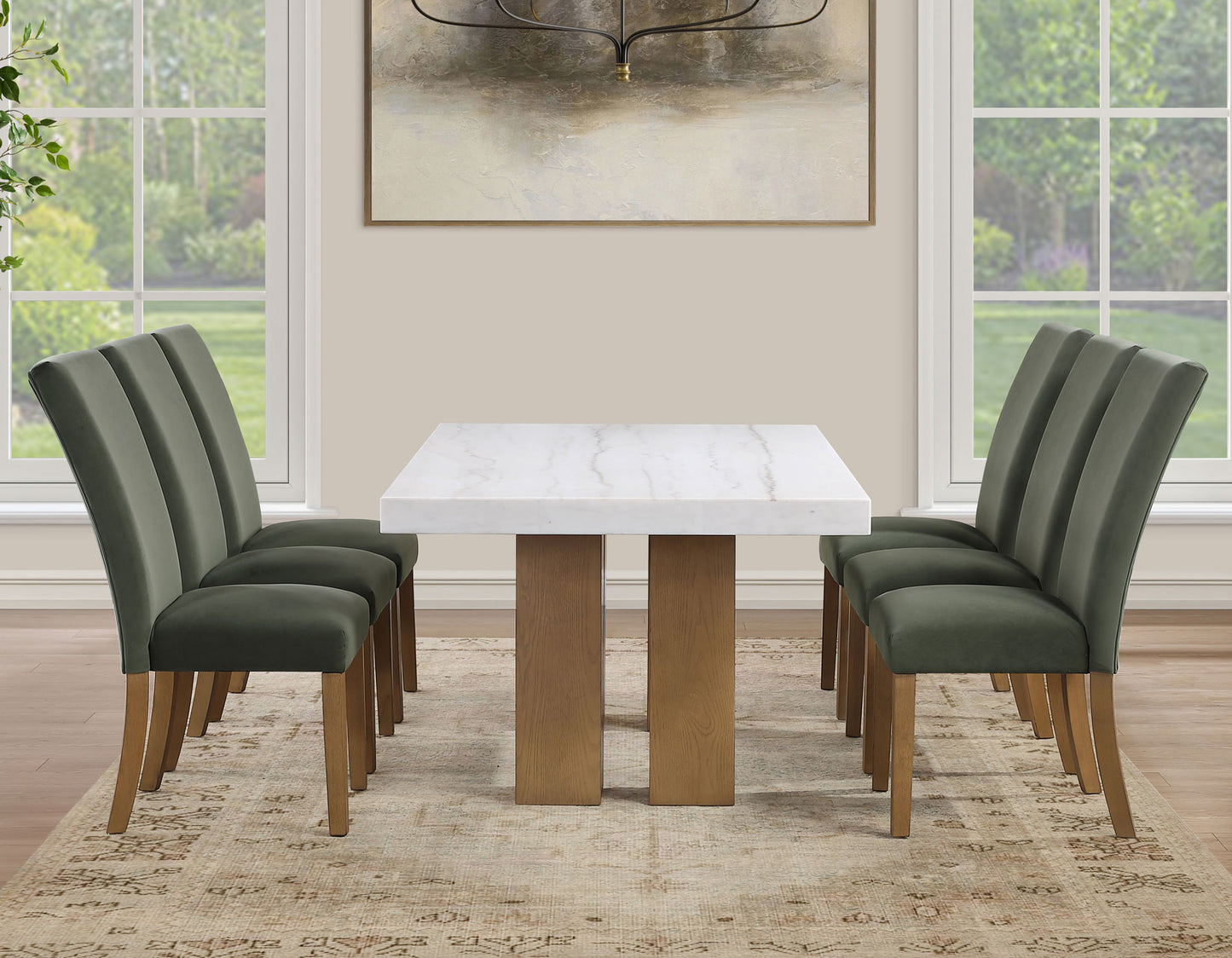 Artemis 70″ Rect White Marble Table, Tan Finish w/4 Green Velvet Chairs