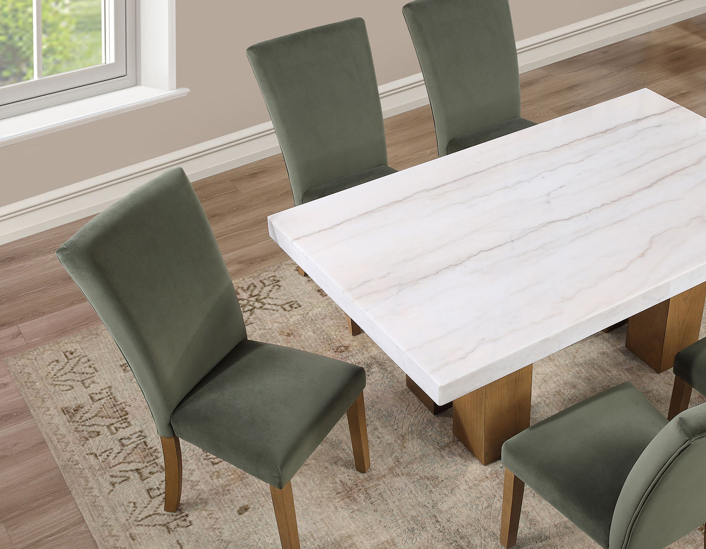 Artemis 70″ Rect White Marble Table, Tan Finish w/4 Green Velvet Chairs