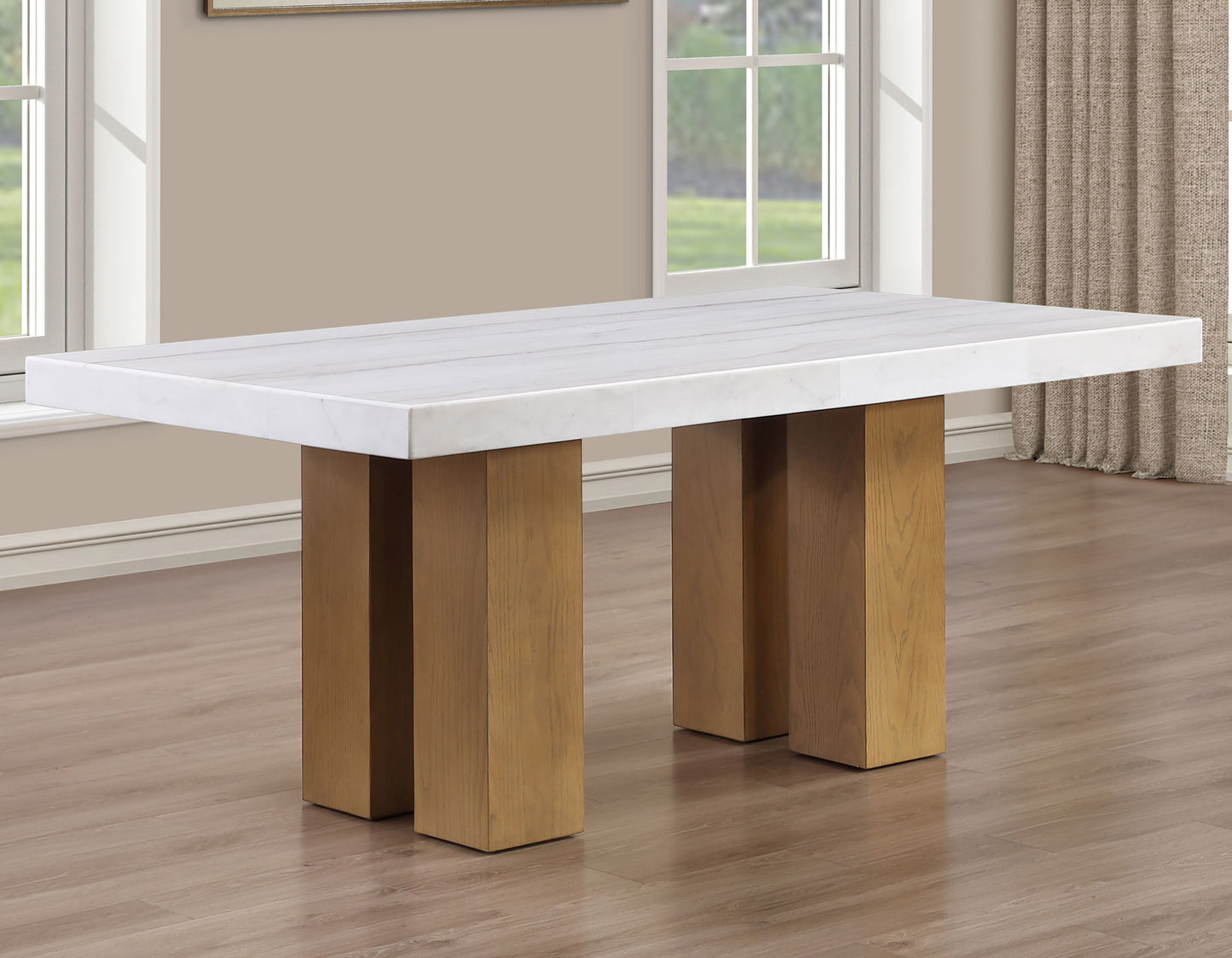 Artemis 70″ Rect White Marble Table, Tan Finish w/4 Green Velvet Chairs
