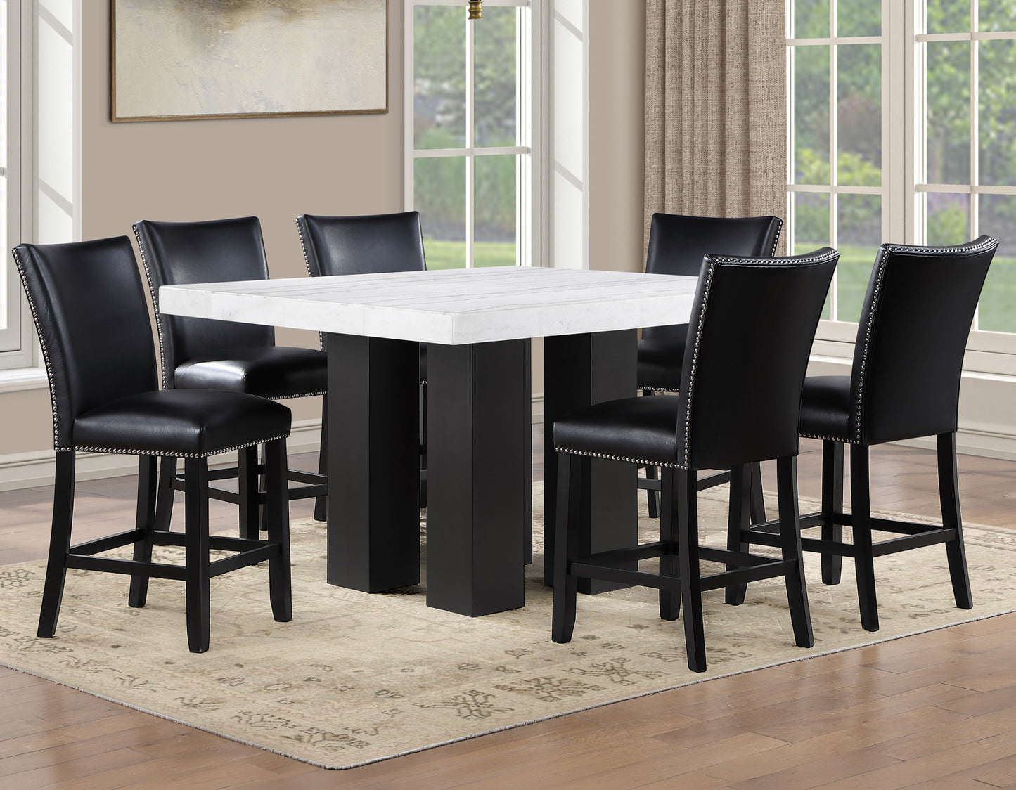 Artemis 5-piece 54″ Square White Marble Counter Table with 4 Black Vegan Leather Counter Chairs
