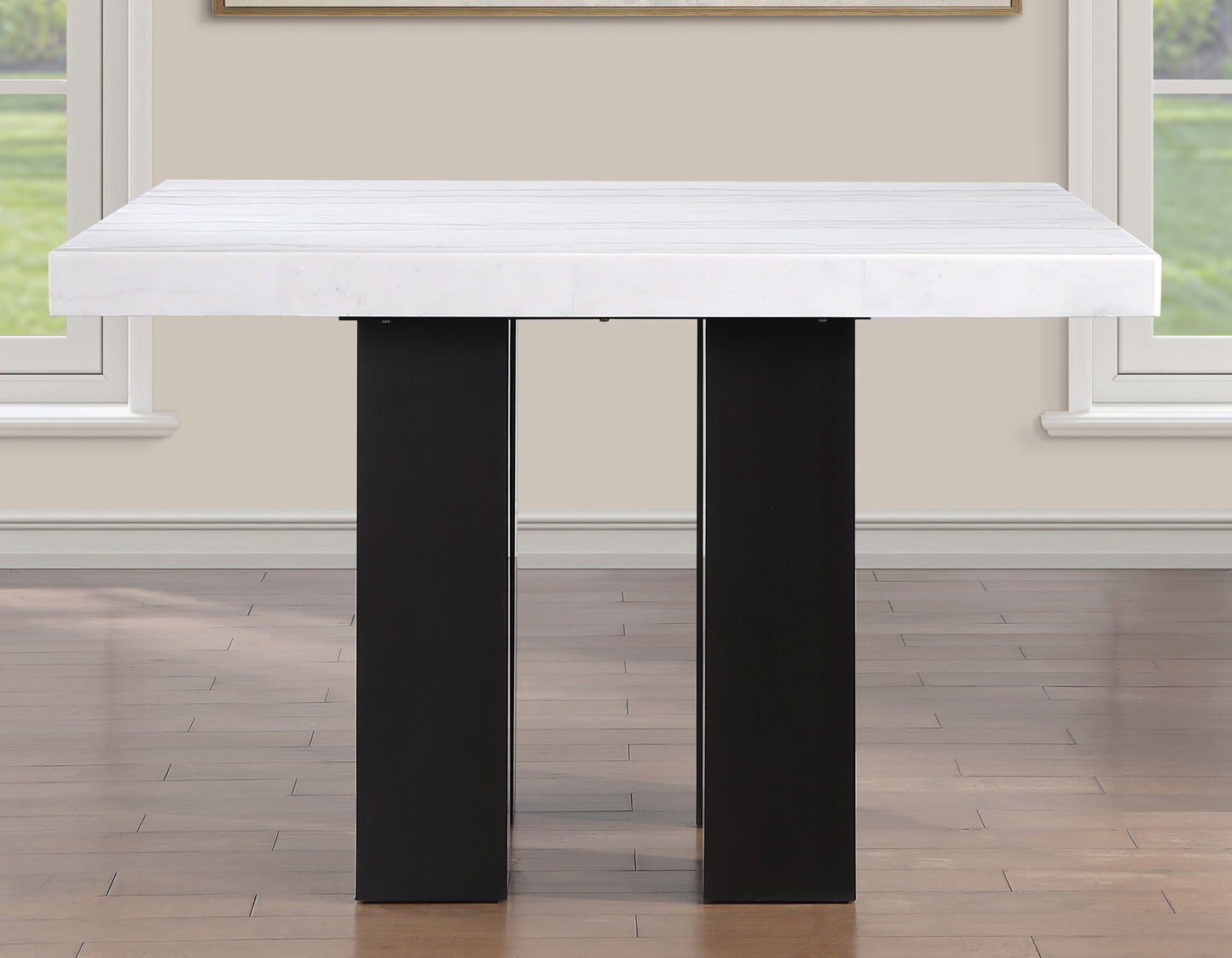 Artemis 5-piece 54″ Square White Marble Counter Table with 4 Black Vegan Leather Counter Chairs