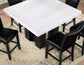 Artemis 5-piece 54″ Square White Marble Counter Table with 4 Black Vegan Leather Counter Chairs