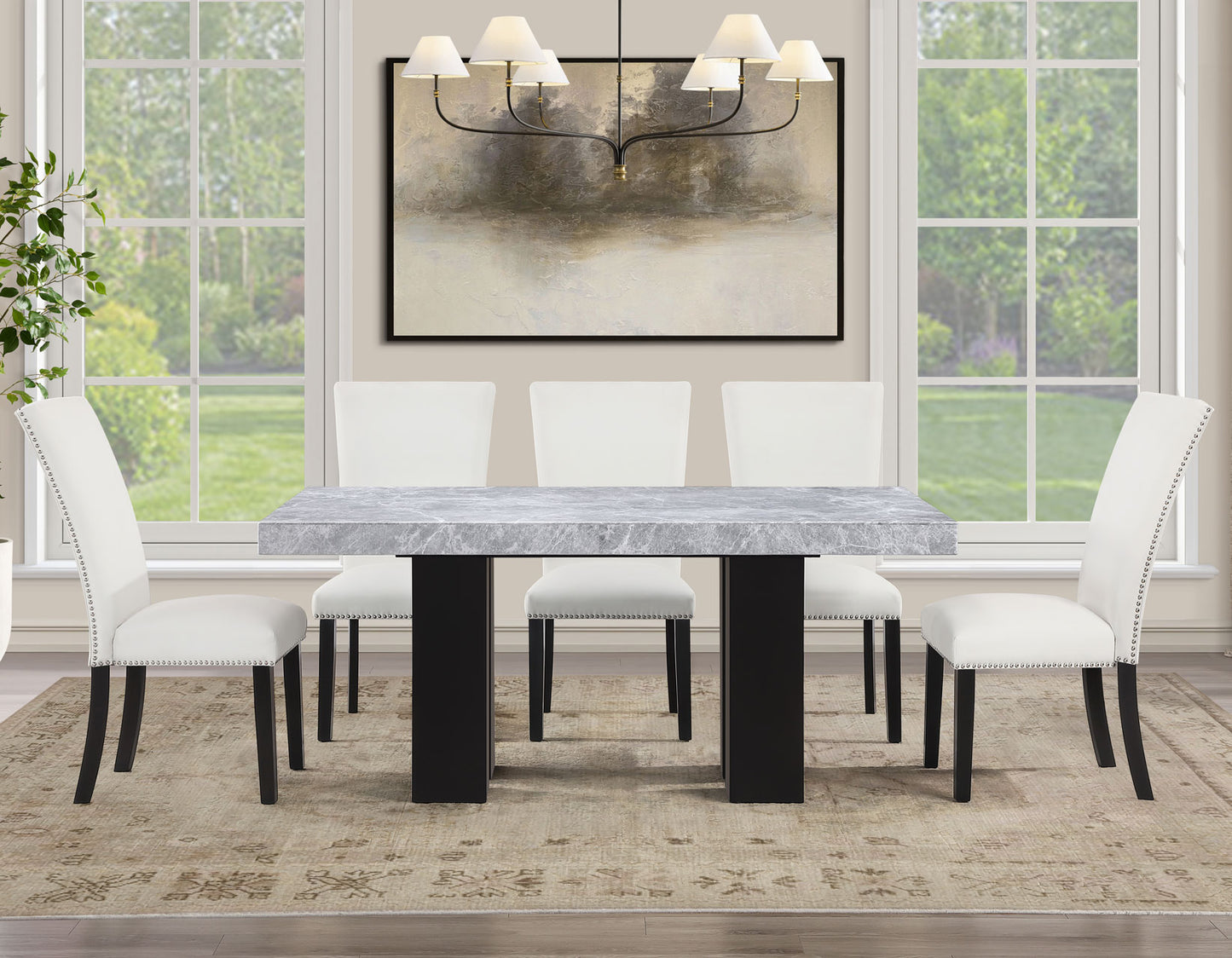 Artemis 5-Piece 70″ Rect Gray Marble Table, Black Finish w/4 White Vegan Leather Chairs