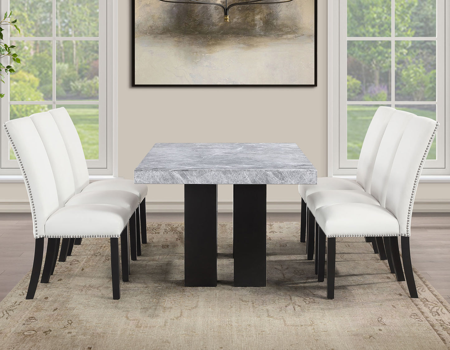 Artemis 5-Piece 70″ Rect Gray Marble Table, Black Finish w/4 White Vegan Leather Chairs