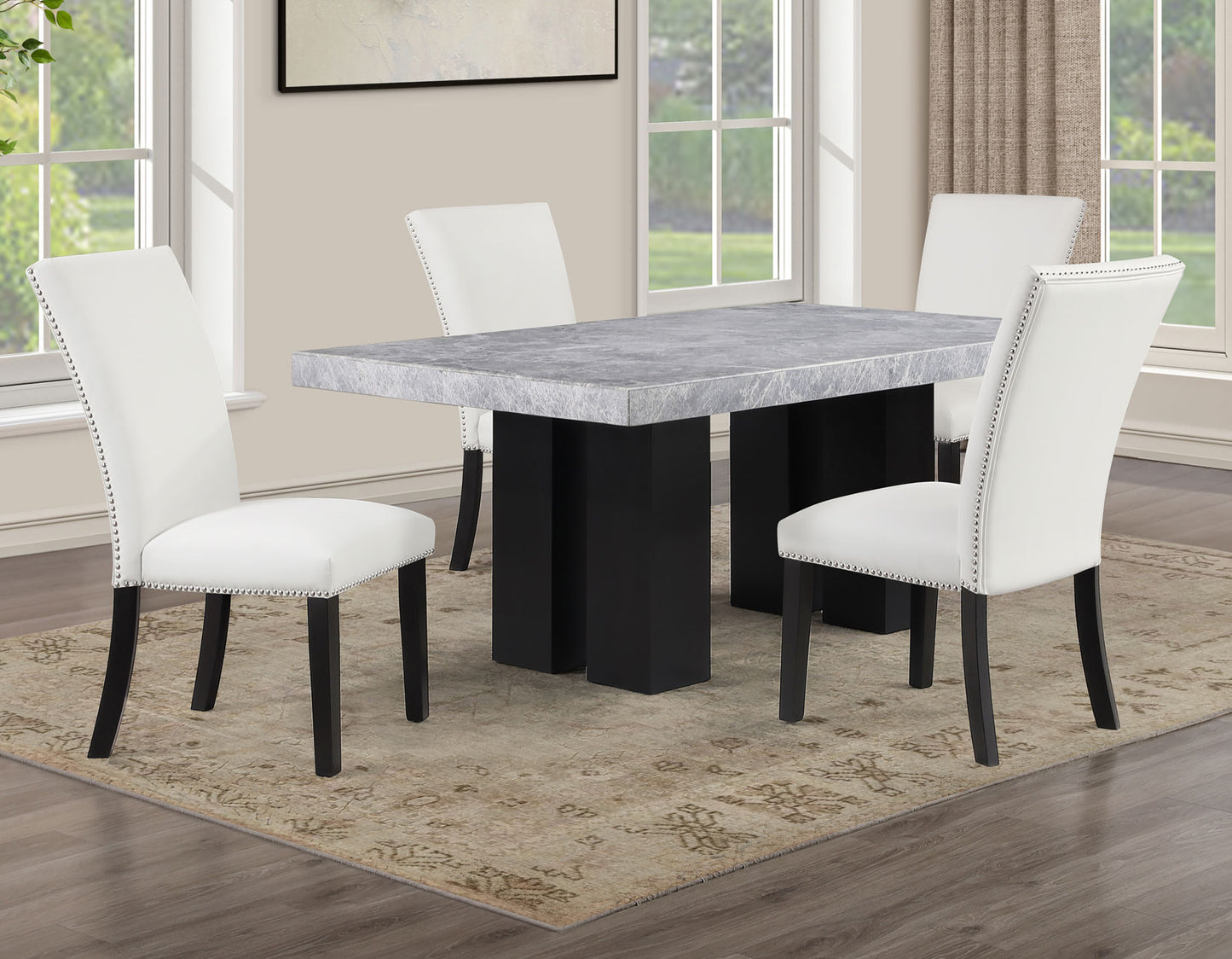 Artemis 5-Piece 70″ Rect Gray Marble Table, Black Finish w/4 White Vegan Leather Chairs