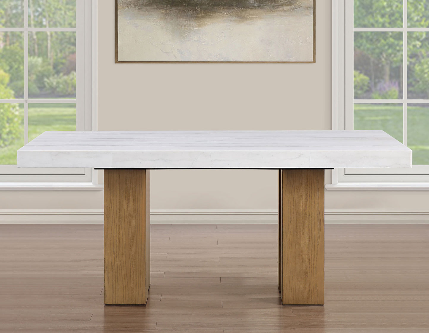 Artemis 5 Piece 70″ Rect White Marble Table, Tan Finish w/4 Beige Chenille Chairs