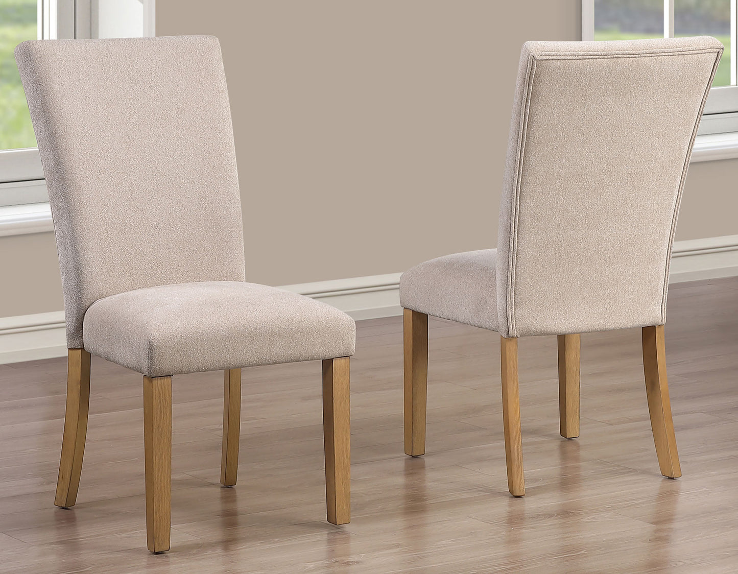 Artemis 5 Piece 70″ Rect White Marble Table, Tan Finish w/4 Beige Chenille Chairs