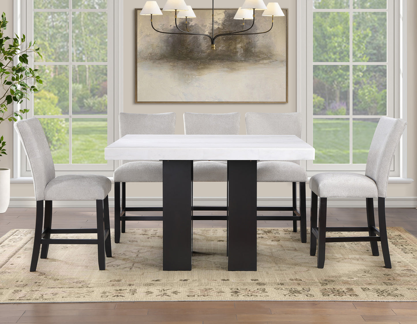 Artemis 5-piece 54″ Square White Marble Counter Table with 4 Gray Chenille Counter Chairs