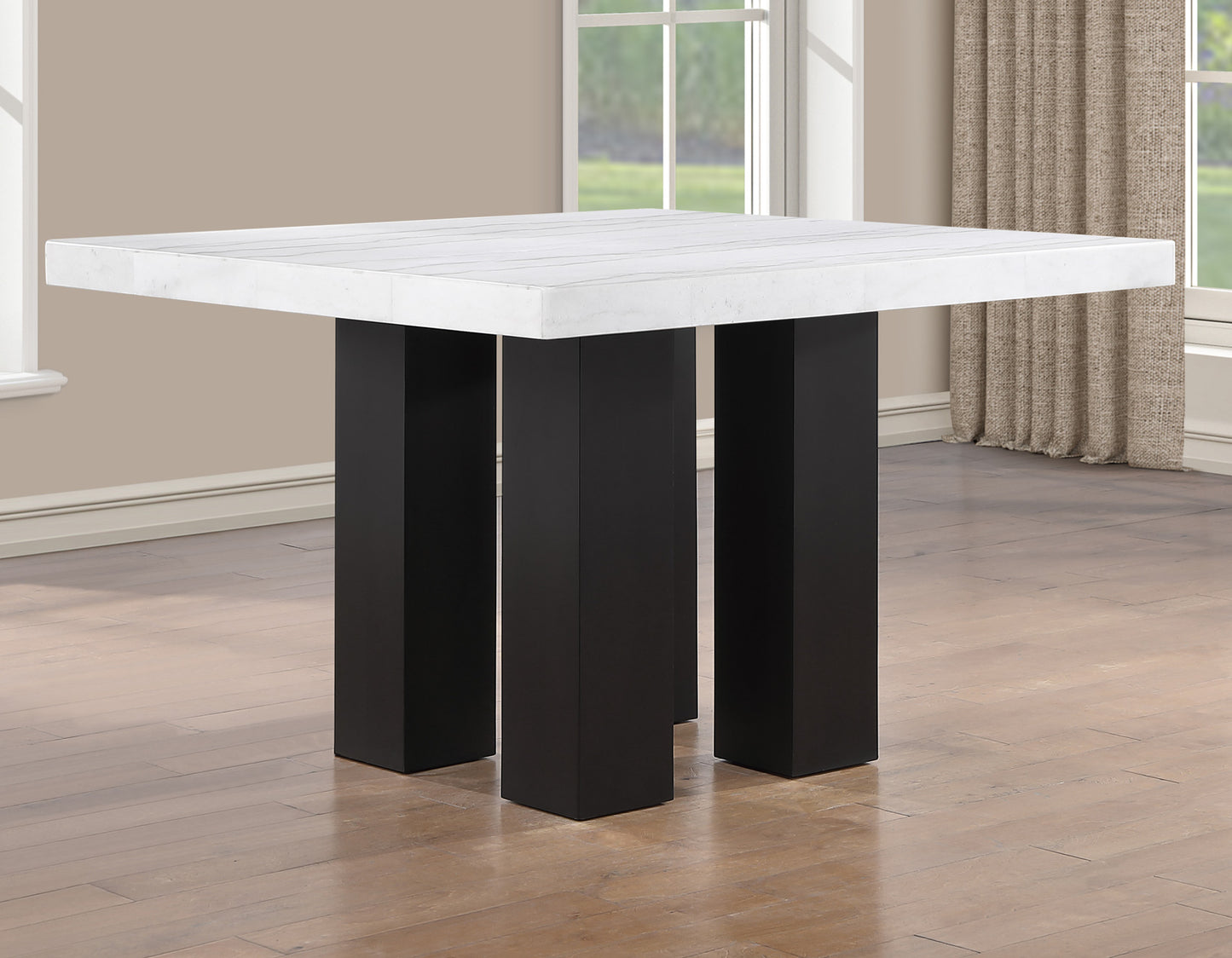 Artemis 5-piece 54″ Square White Marble Counter Table with 4 Gray Chenille Counter Chairs