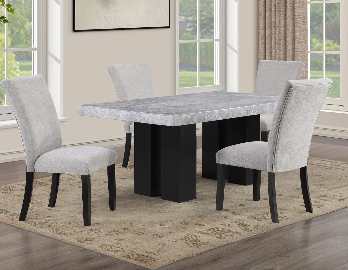 Artemis 5 Piece 70″ Rectangular Gray Marble Table, Black Finish with 4 Gray Chenille Chairs