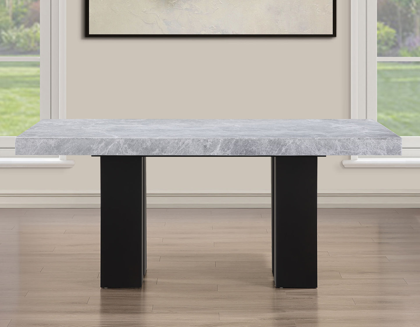 Artemis 5 Piece 70″ Rectangular Gray Marble Table, Black Finish with 4 Gray Chenille Chairs