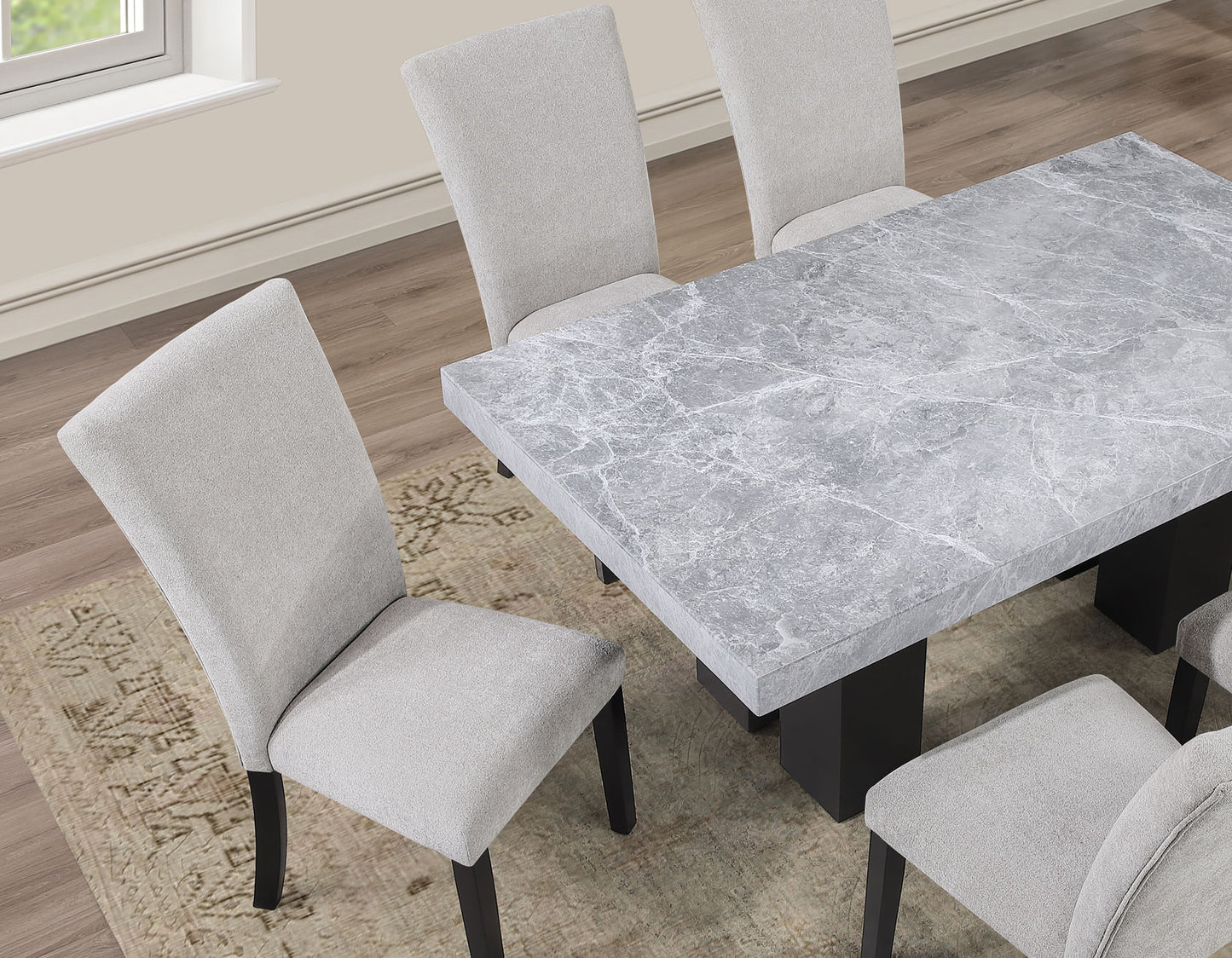Artemis 5 Piece 70″ Rectangular Gray Marble Table, Black Finish with 4 Gray Chenille Chairs