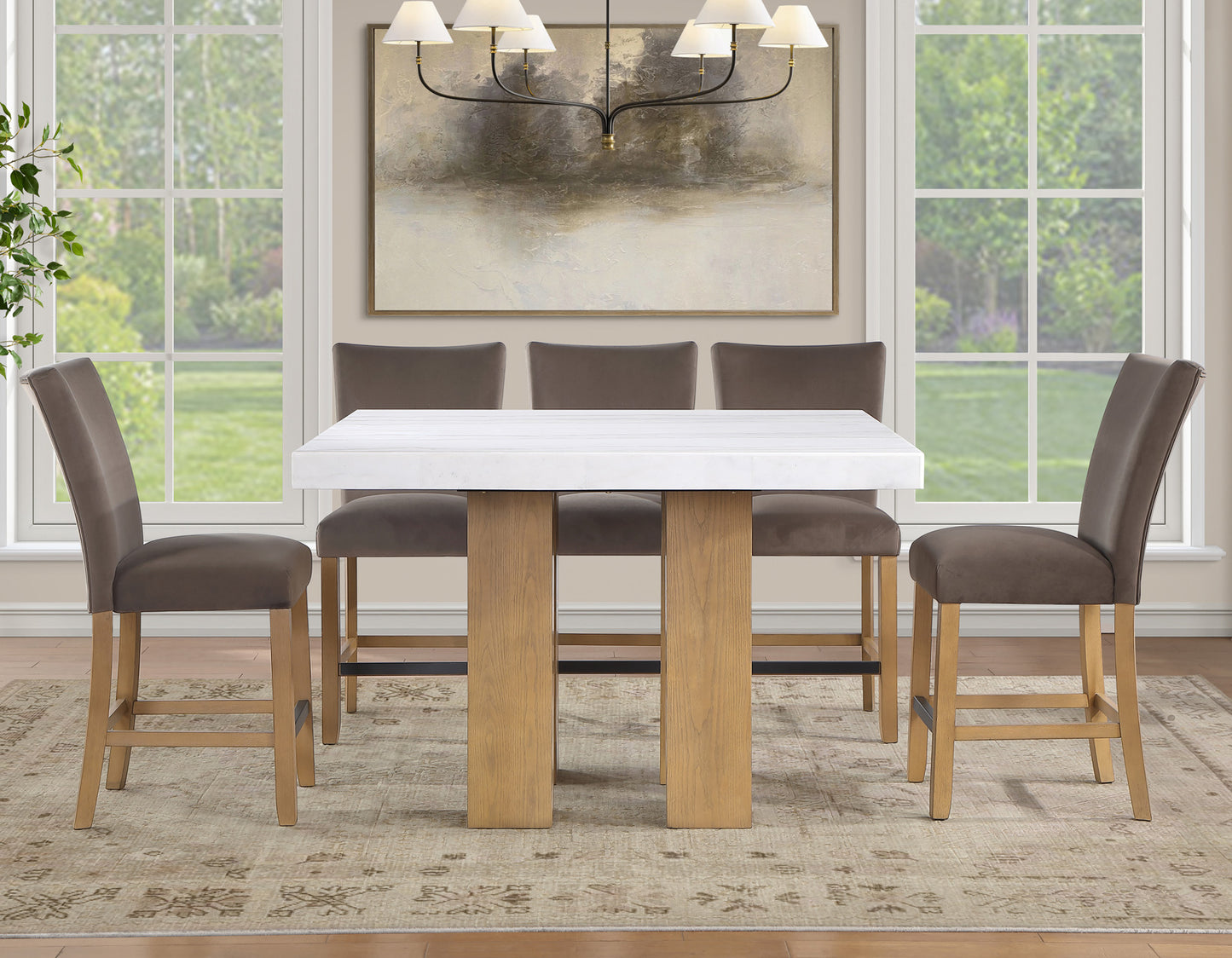 Artemis 5-Piece 54″ Square White Marble Counter Table, Sand Finish w/4 Brown Velvet Counter Chairs (Copy)