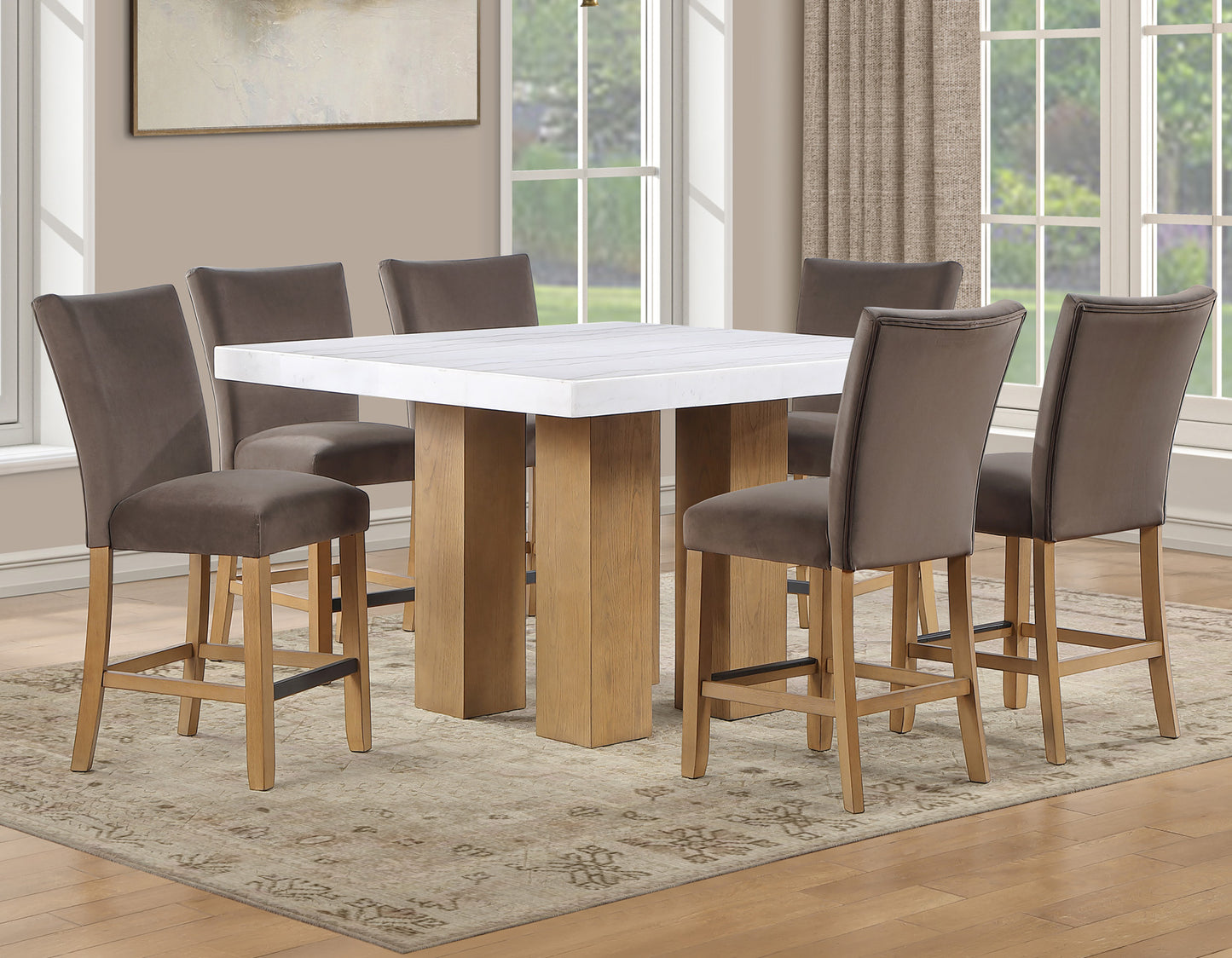 Artemis 5-Piece 54″ Square White Marble Counter Table, Sand Finish w/4 Brown Velvet Counter Chairs (Copy)