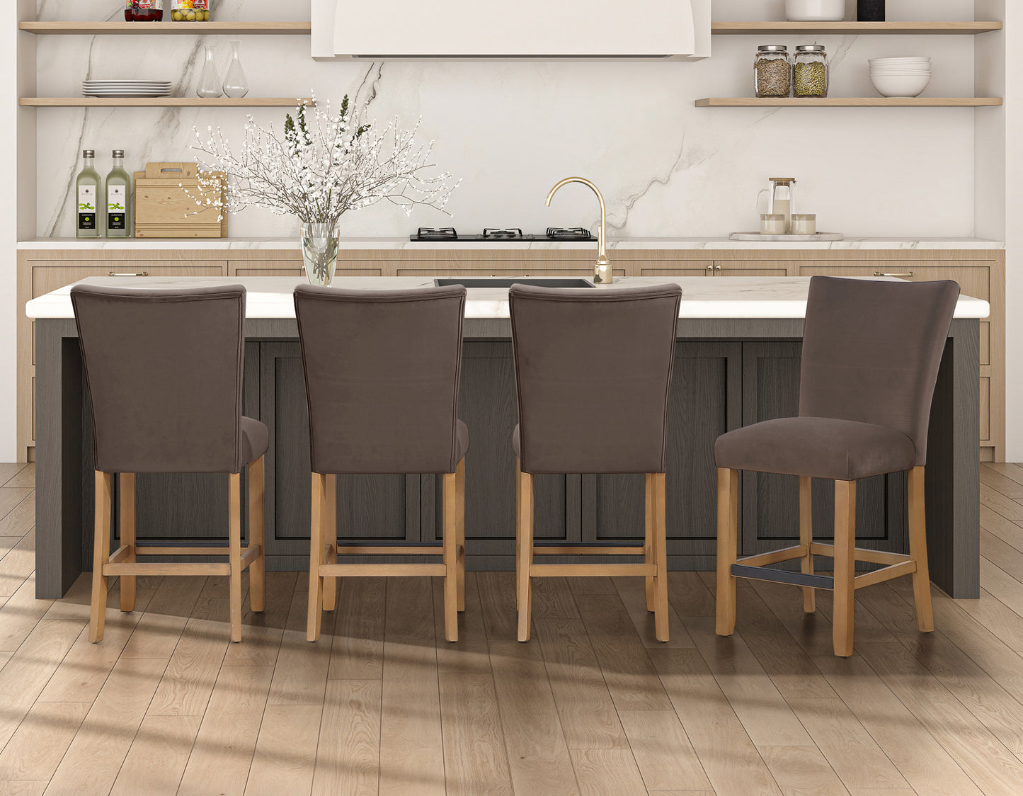 Artemis 5-Piece 54″ Square White Marble Counter Table, Sand Finish w/4 Brown Velvet Counter Chairs (Copy)