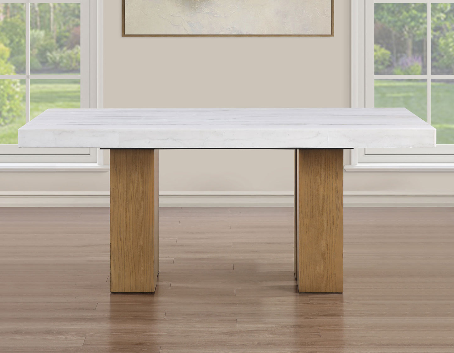 Artemis 70″ White Marble Top Dining Table, Sand Finish