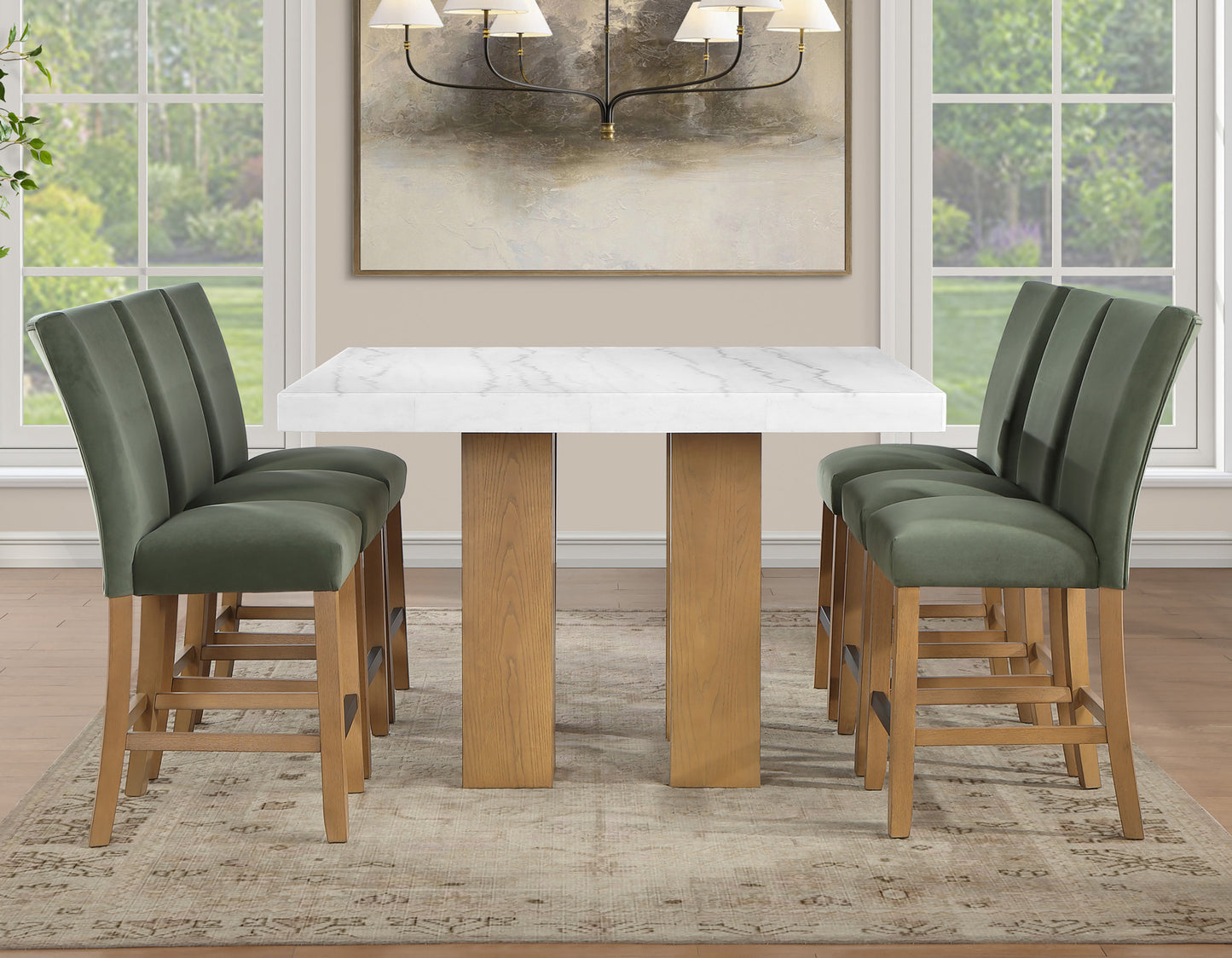 Artemis 5-Piece 54″ Square White Marble Counter Table, Sand Finish w/4 Green Velvet Counter Chairs