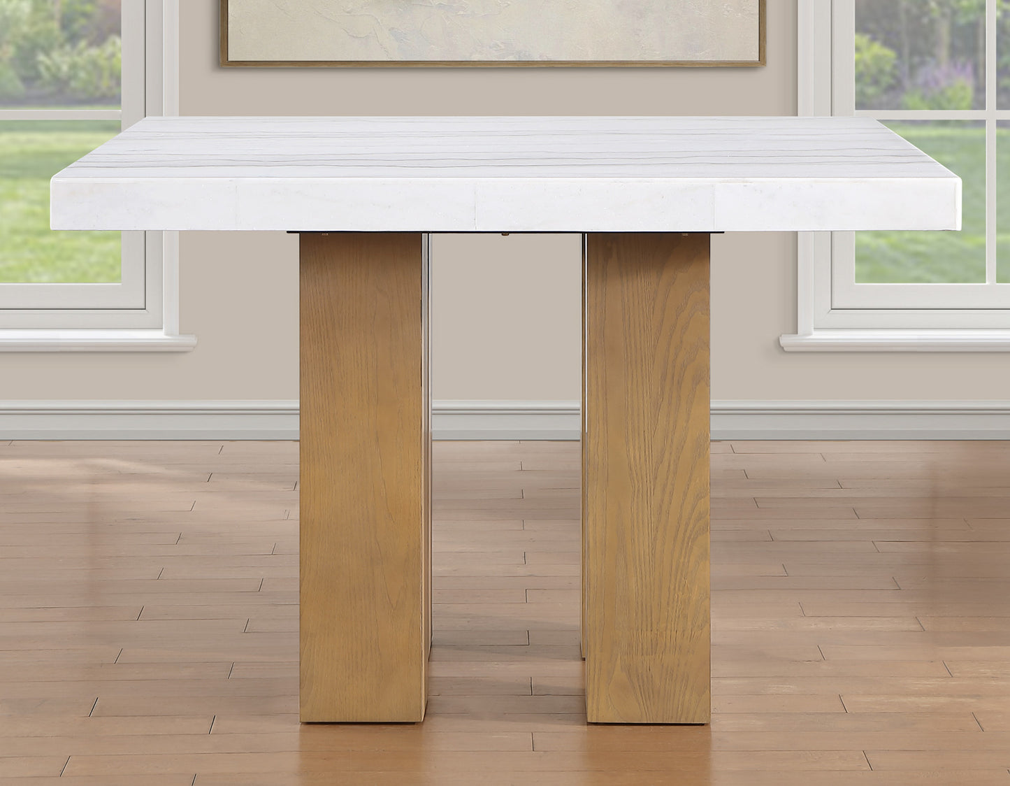 Artemis 5-Piece 54″ Square White Marble Counter Table, Sand Finish w/4 Green Velvet Counter Chairs