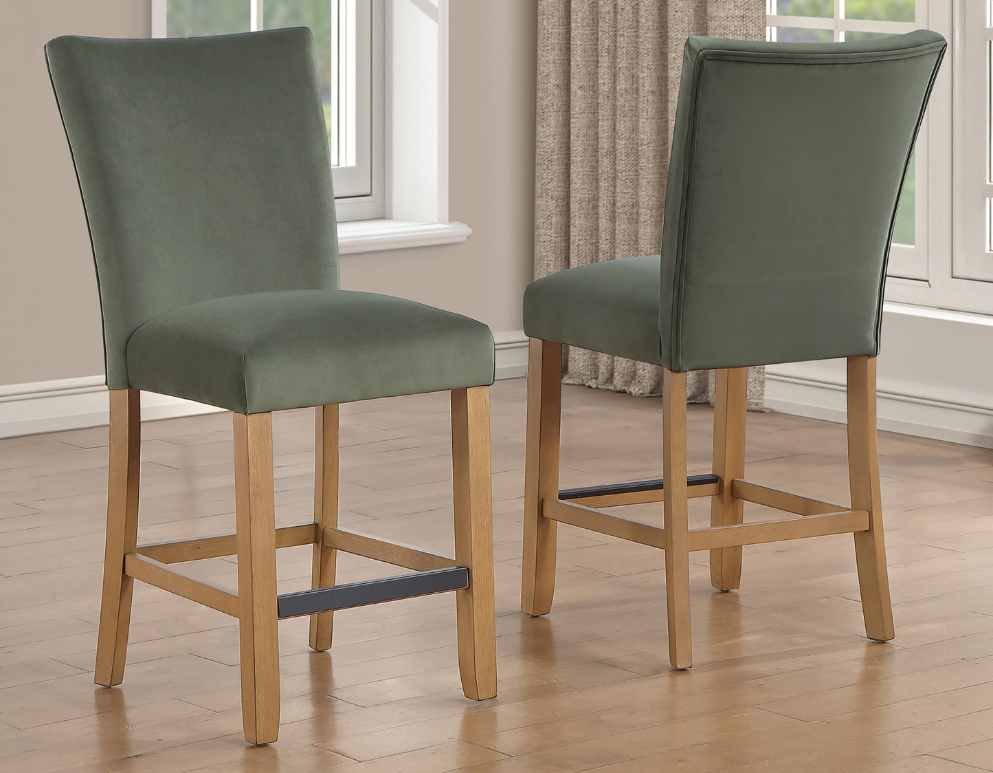 Artemis 5-Piece 54″ Square White Marble Counter Table, Sand Finish w/4 Green Velvet Counter Chairs