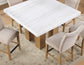 Artemis 5 Piece 54″ Square White Marble Counter Table, Tan Finish w/4 Beige Chenille Counter Chairs