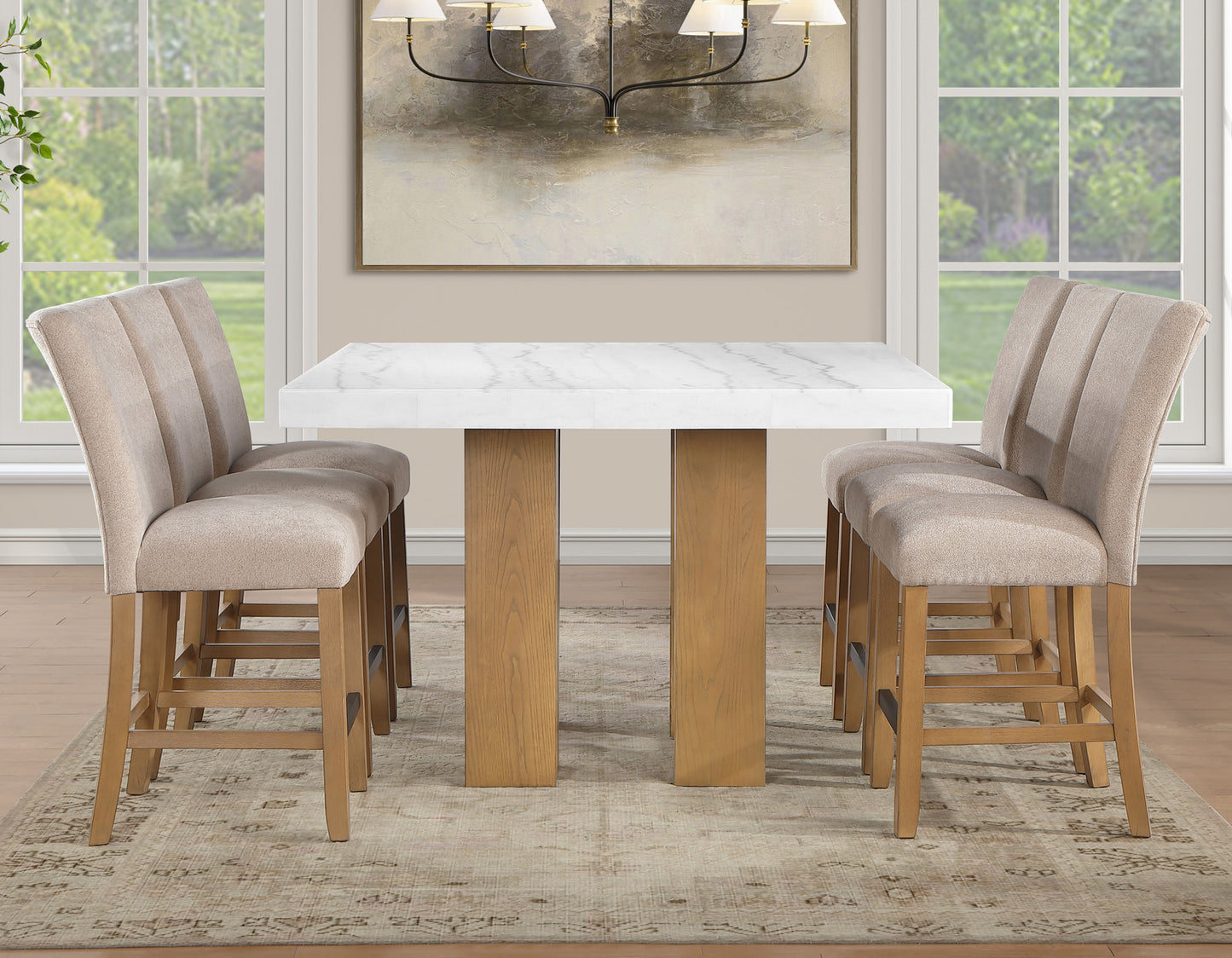 Artemis 5 Piece 54″ Square White Marble Counter Table, Tan Finish w/4 Beige Chenille Counter Chairs