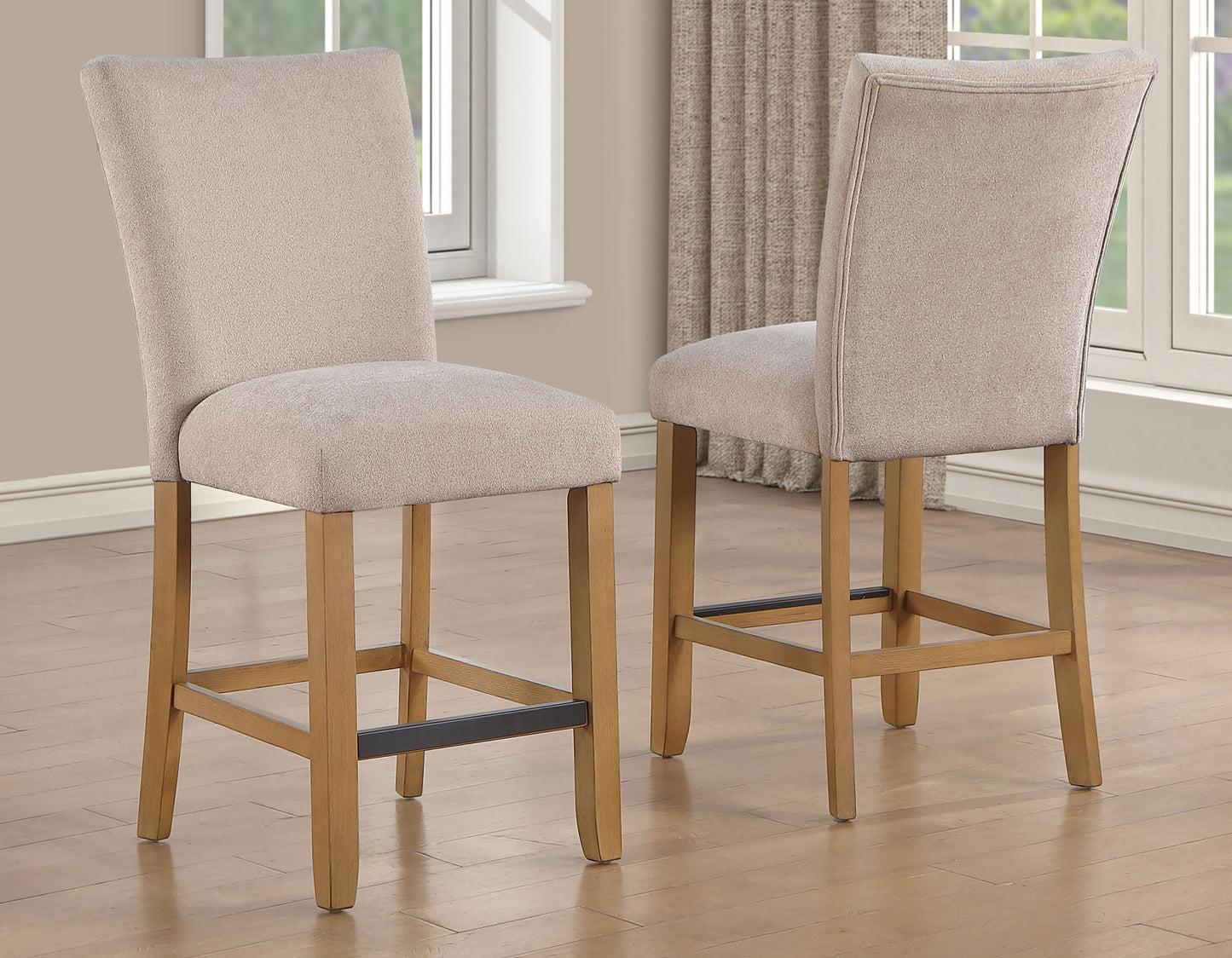 Artemis 5 Piece 54″ Square White Marble Counter Table, Tan Finish w/4 Beige Chenille Counter Chairs