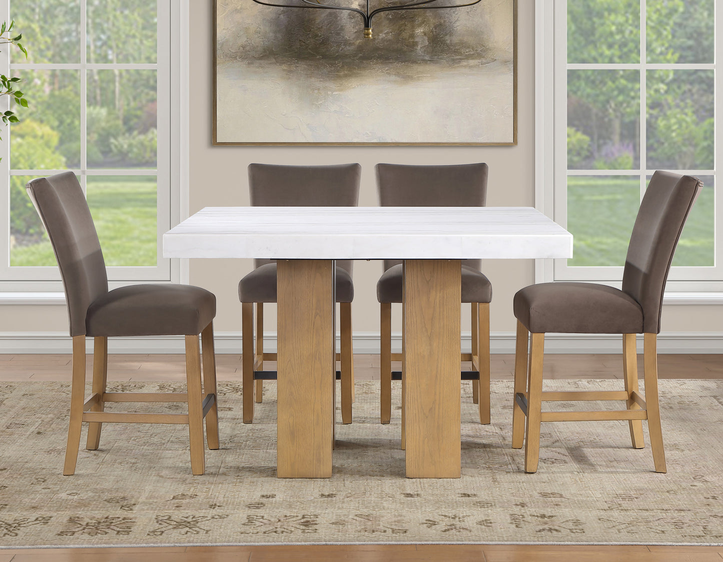 Artemis 5-Piece 54″ Square White Marble Counter Table, Sand Finish w/4 Brown Velvet Counter Chairs