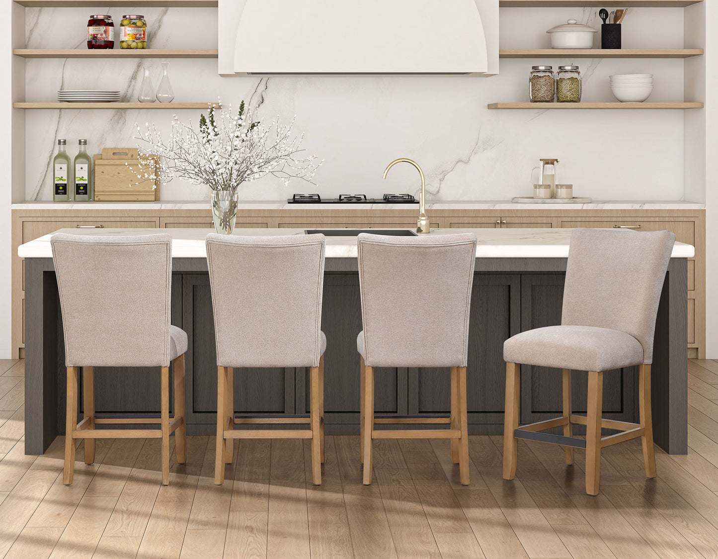 Artemis 5 Piece 54″ Square White Marble Counter Table, Tan Finish w/4 Beige Chenille Counter Chairs