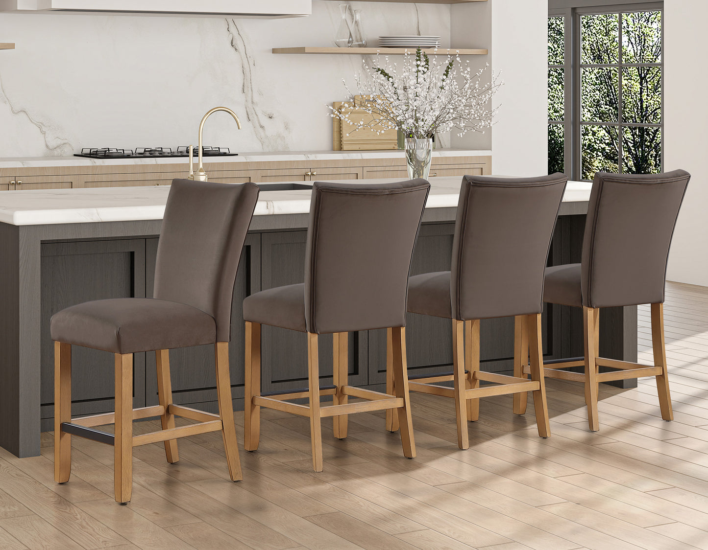 Artemis 5-Piece 54″ Square White Marble Counter Table, Sand Finish w/4 Brown Velvet Counter Chairs