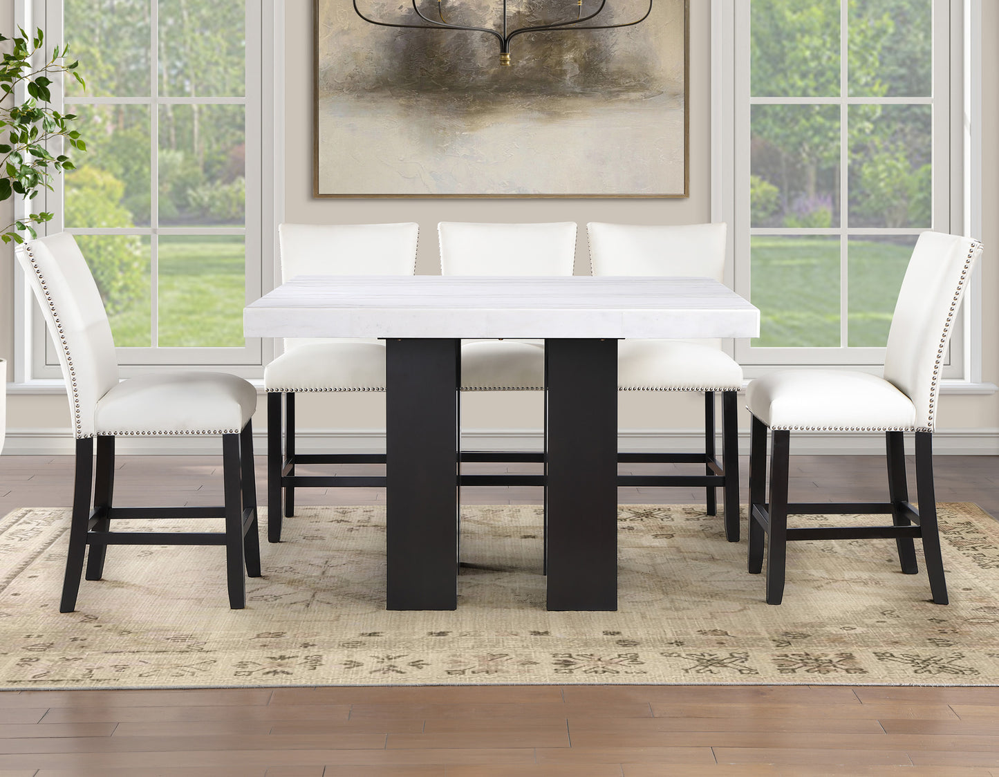 Artemis 5-piece 54″ Square White Marble Counter Table with 4 Artemis White Vegan Leather Counter Chairs