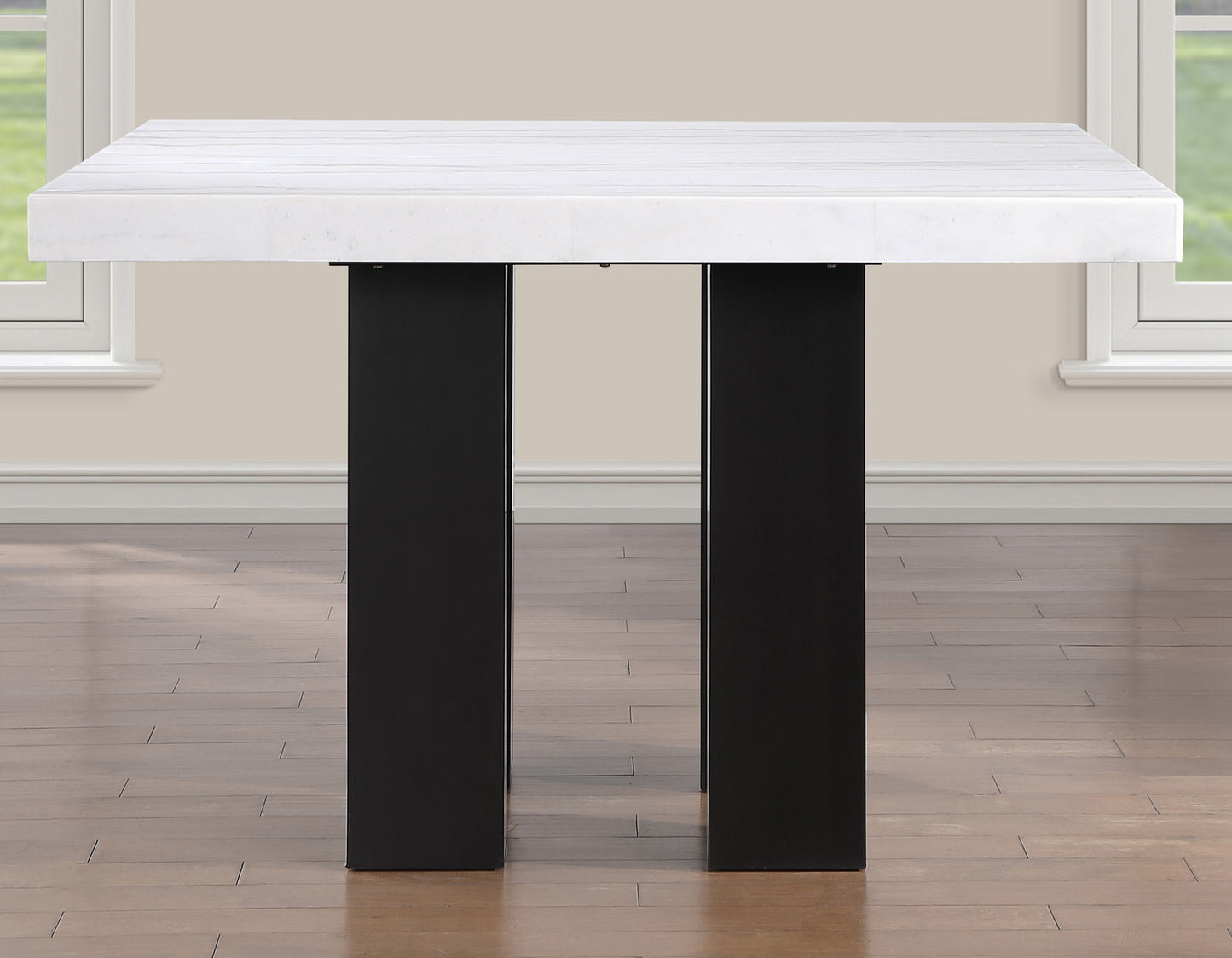 Artemis 5-piece 54″ Square White Marble Counter Table with 4 Artemis White Vegan Leather Counter Chairs