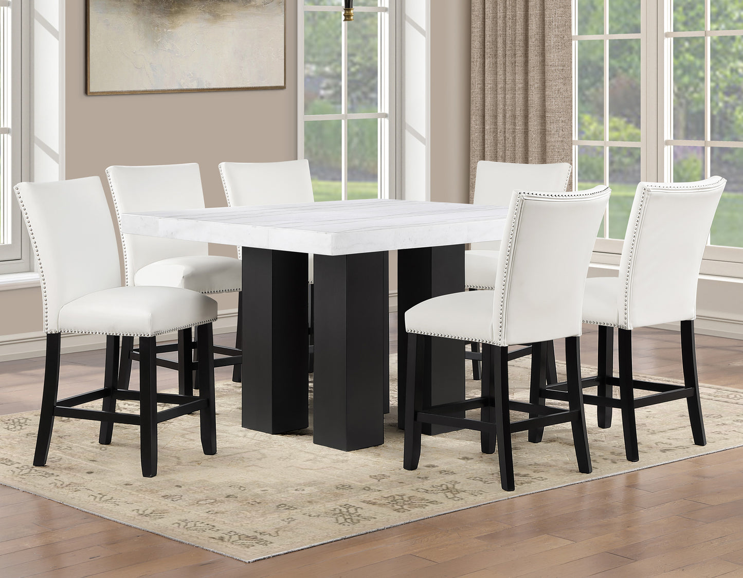 Artemis 5-piece 54″ Square White Marble Counter Table with 4 Artemis White Vegan Leather Counter Chairs
