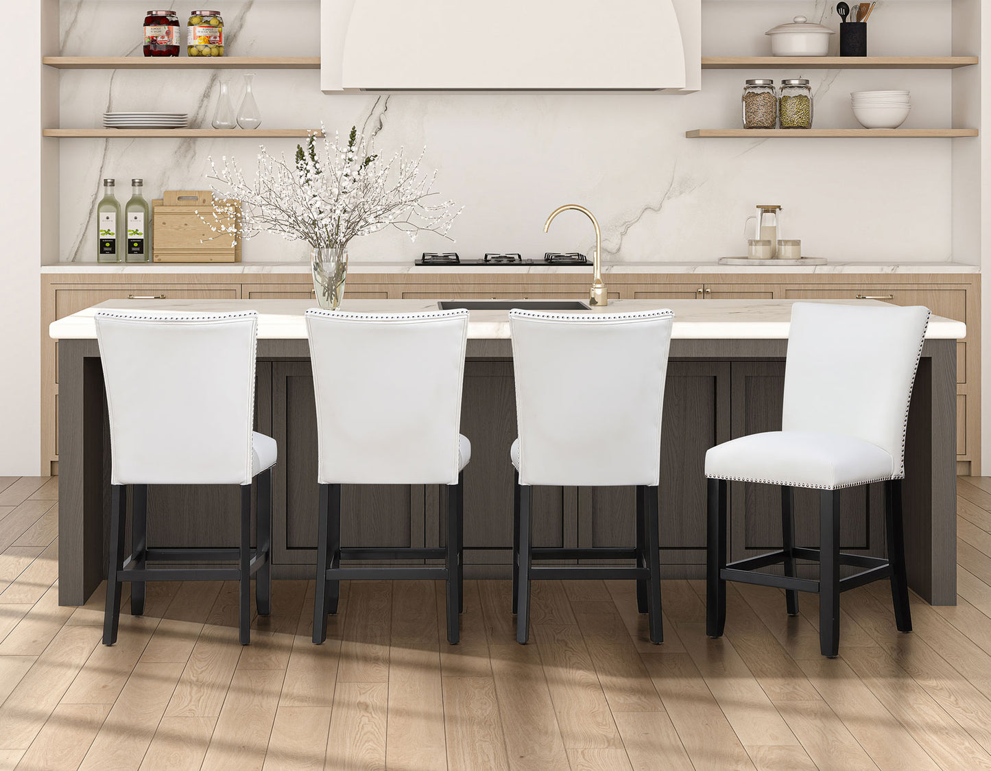 Artemis 5-piece 54″ Square White Marble Counter Table with 4 Artemis White Vegan Leather Counter Chairs